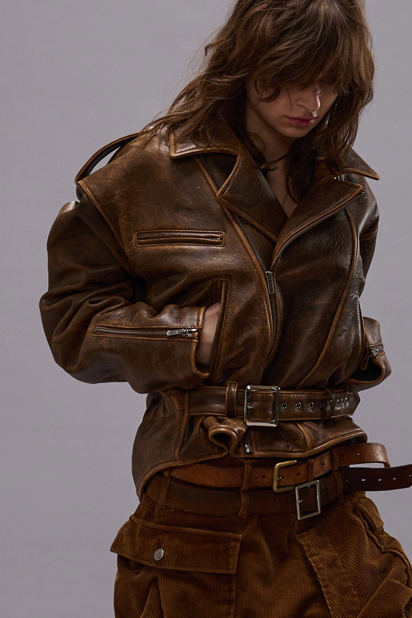 EXAGGERATED SHOULDER MOTORCYCLE JACKET - BROWN LEATHER - R13