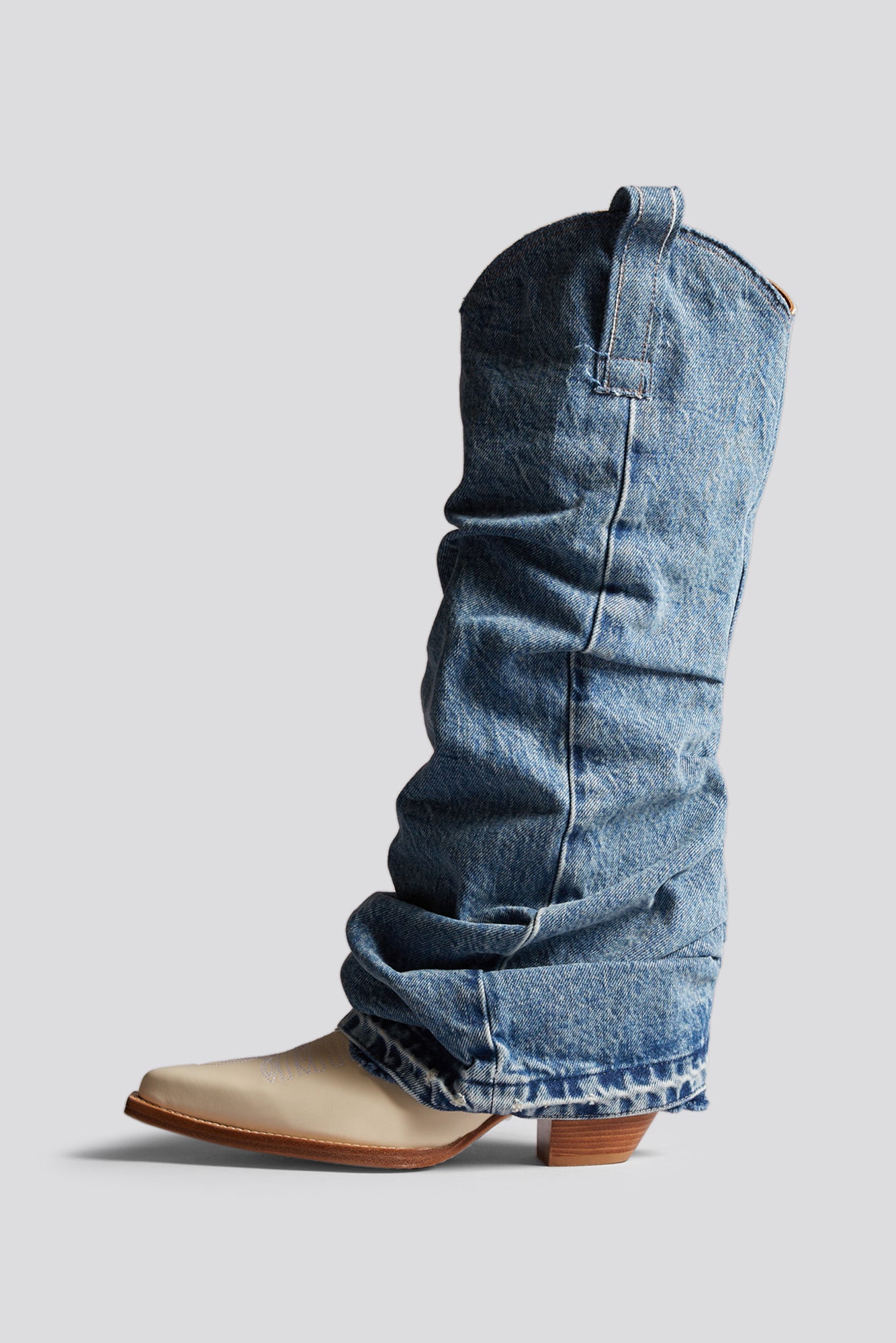 MID COWBOY BOOT WITH DENIM SLEEVE - BLUE AND WHITE - R13