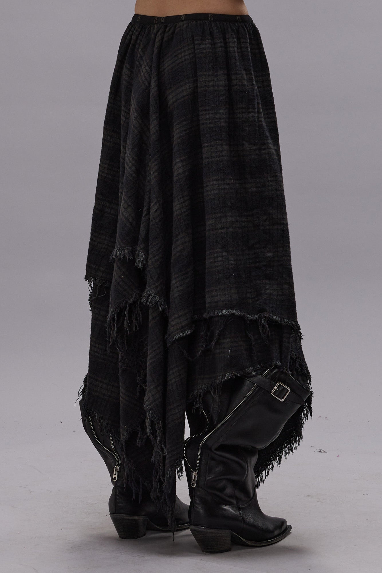 MIDI HANDKERCHIEF SKIRT - OVERDYED BLACK PLAID - R13