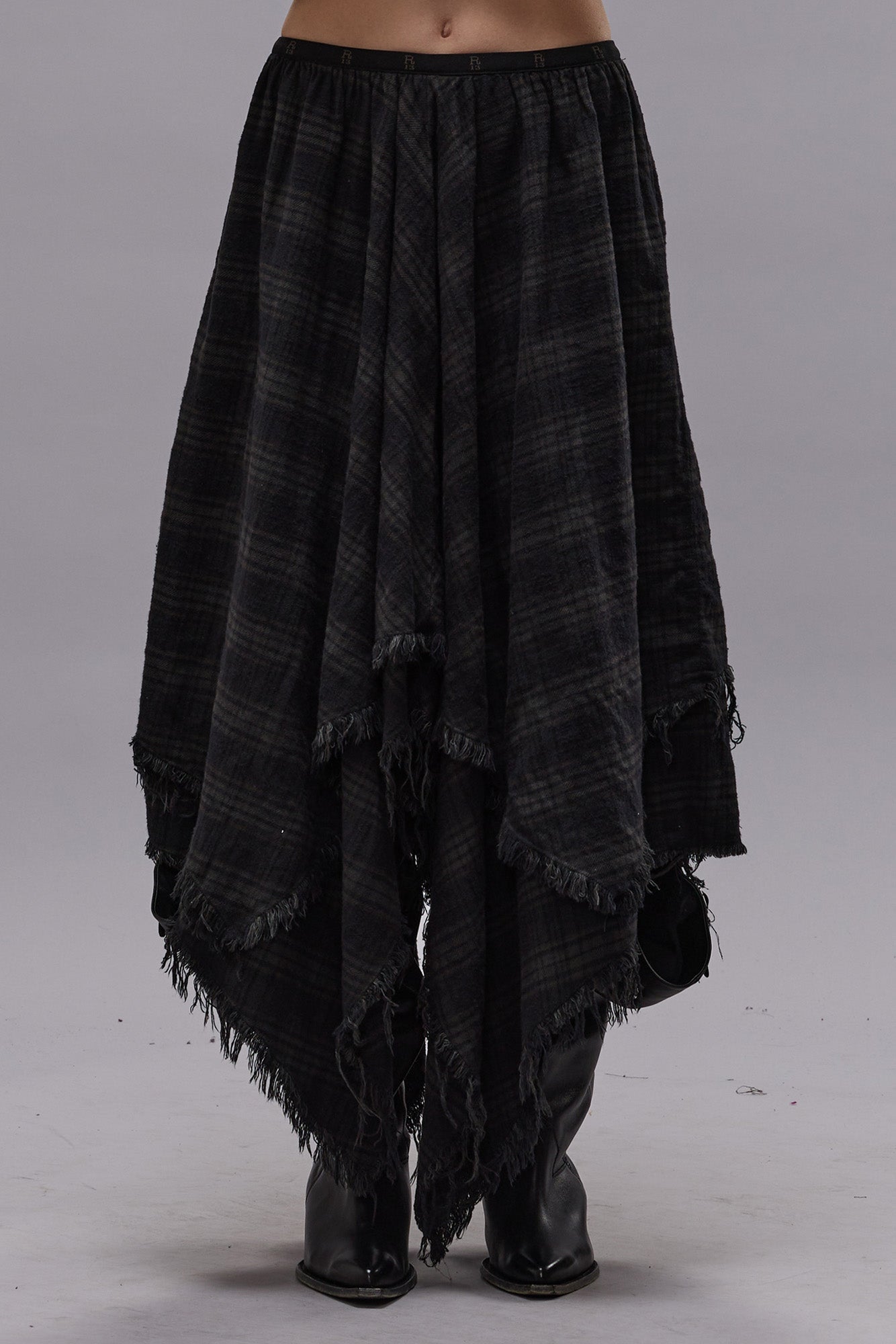 MIDI HANDKERCHIEF SKIRT - OVERDYED BLACK PLAID - R13