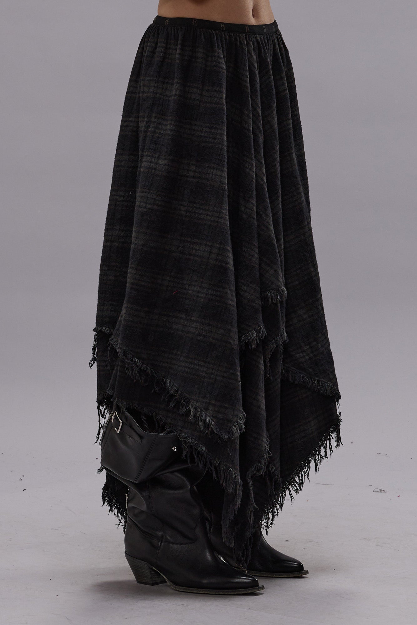 MIDI HANDKERCHIEF SKIRT - OVERDYED BLACK PLAID - R13