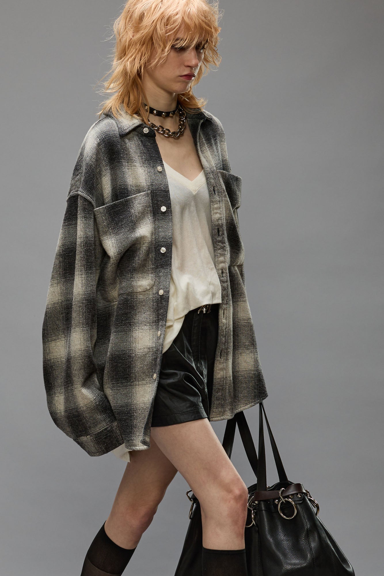 OVERSIZED POCKET DROP NECK - GREY OMBRE PLAID - R13