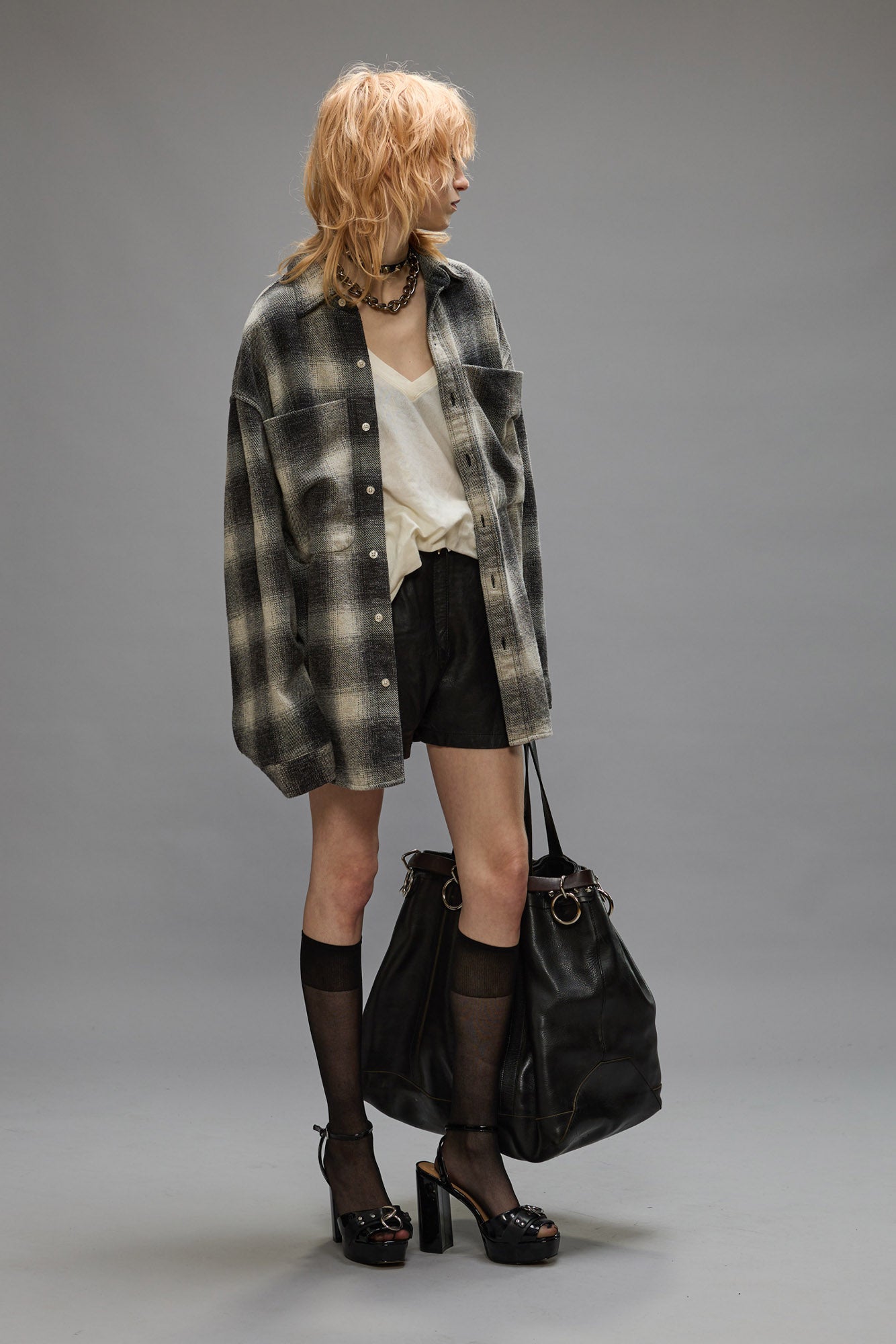 OVERSIZED POCKET DROP NECK - GREY OMBRE PLAID - R13