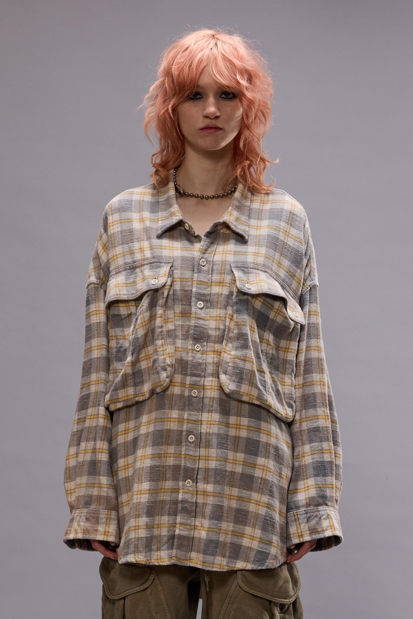 OVERSIZED POCKET DROP NECK SHIRT - CREAM/BLUE PLAID - R13