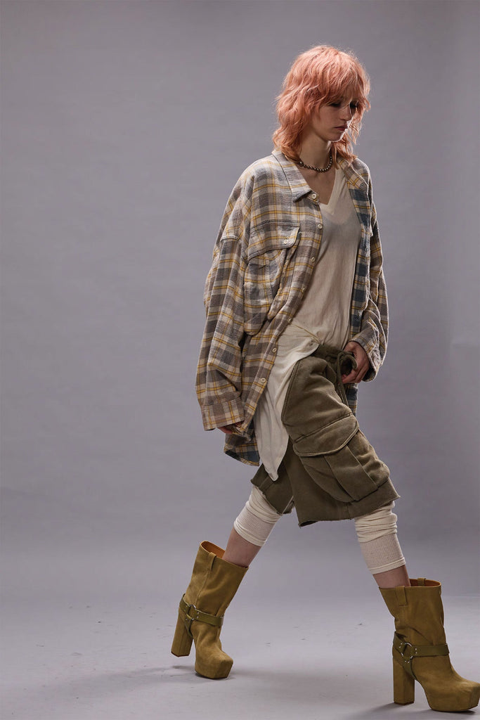 OVERSIZED POCKET DROP NECK SHIRT - CREAM/BLUE PLAID