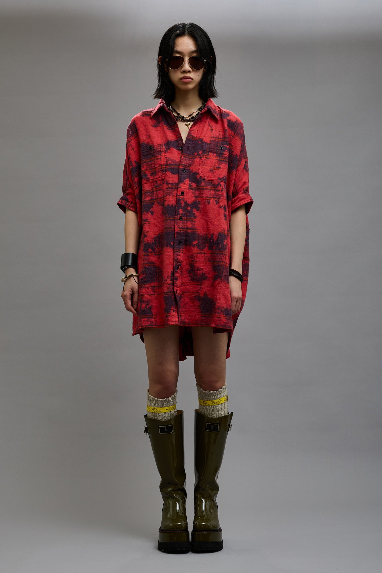 OVERSIZED RELAXED SHIRTDRESS - DUSK RED PLAID - R13