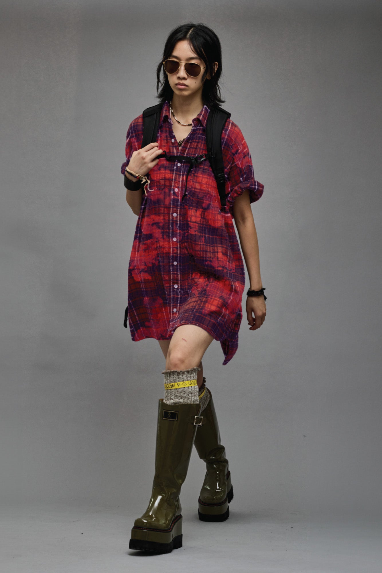 OVERSIZED RELAXED SHIRTDRESS - DUSK RED PLAID - R13