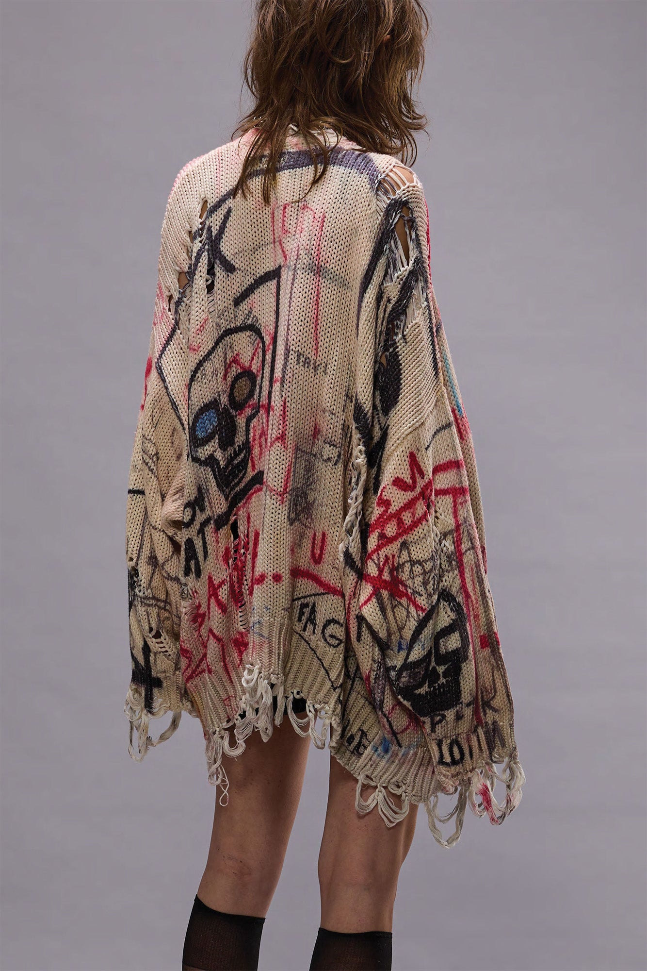 PRINTED OVERSIZED CARDIGAN - SKULL GRAFFITI PRINT - R13