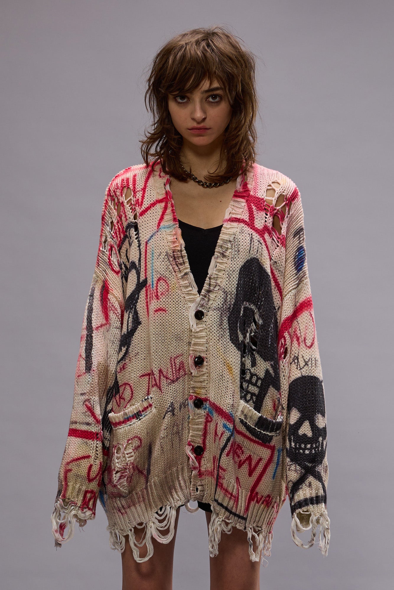 PRINTED OVERSIZED CARDIGAN - SKULL GRAFFITI PRINT - R13