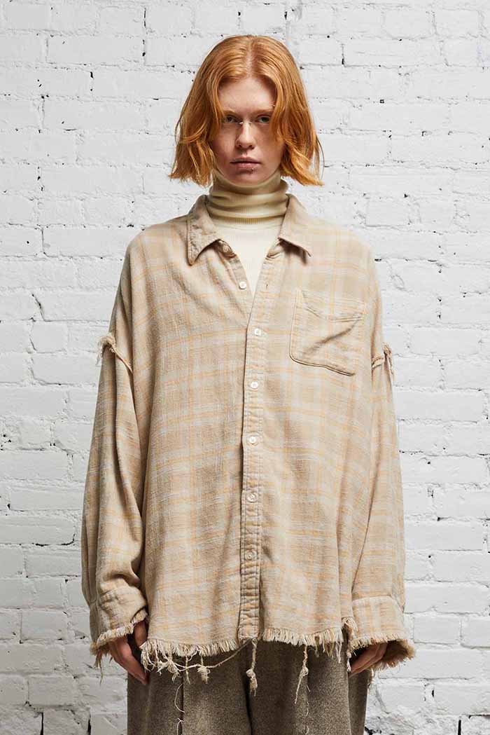 SHREDDED SEAM DROP NECK - OVERDYED KHAKI PLAID - R13