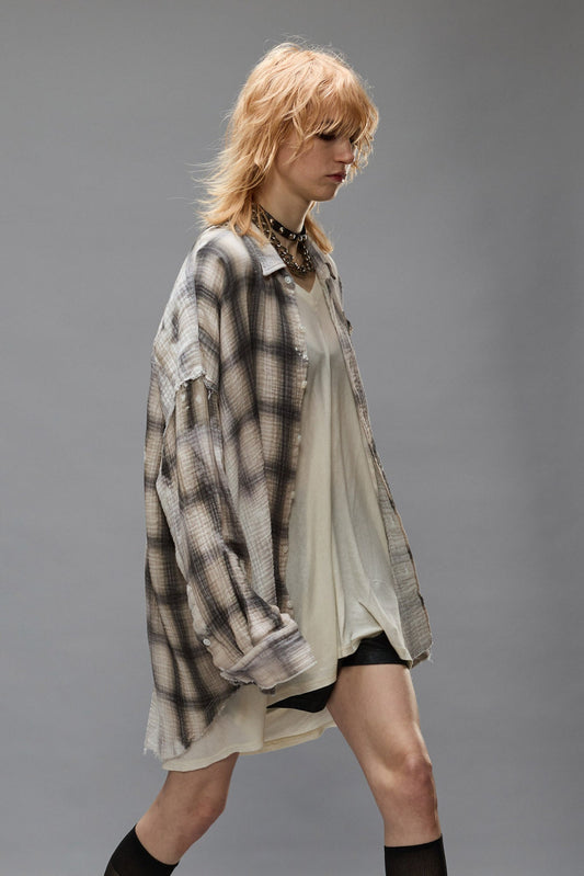 SHREDDED SEAM DROP NECK - PRINTED GREY PLAID - R13