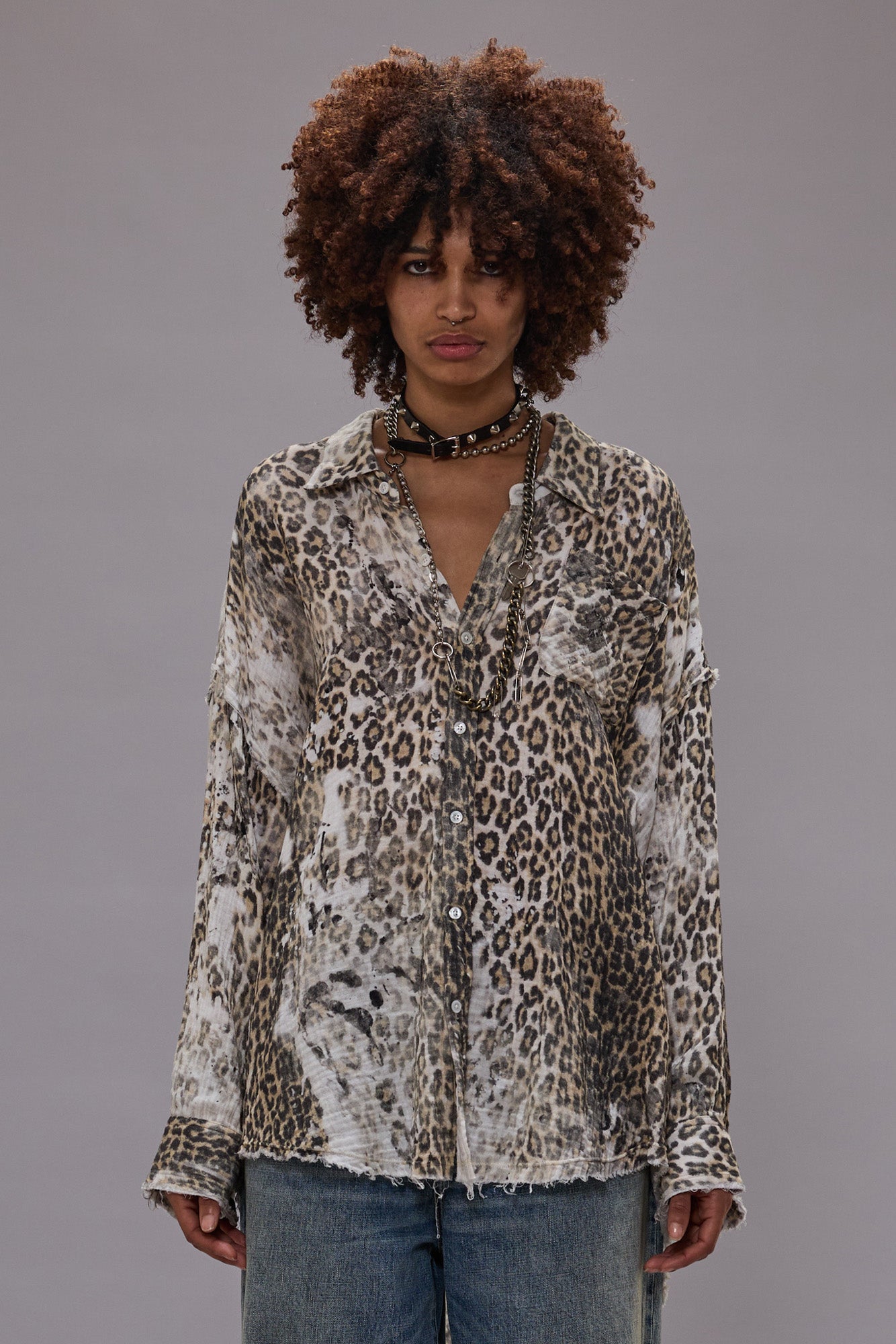 SHREDDED SEAM DROP NECK SHIRT - BLEACHED LEOPARD - R13