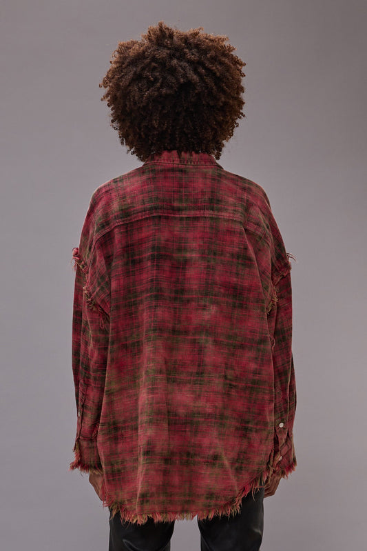 SHREDDED SEAM DROP NECK SHIRT - BLEACHED OUT RED PLAID - R13