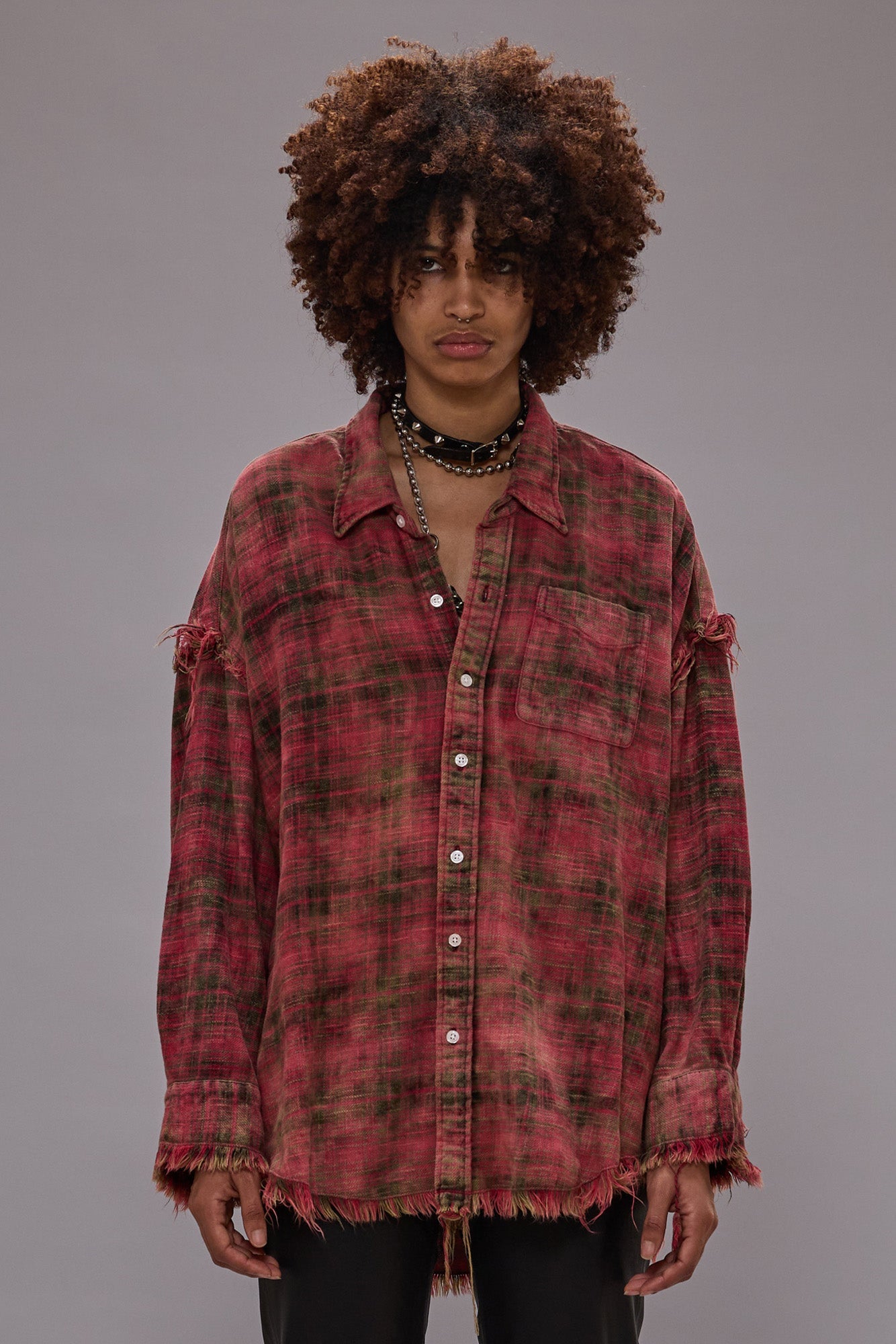 SHREDDED SEAM DROP NECK SHIRT - BLEACHED OUT RED PLAID - R13