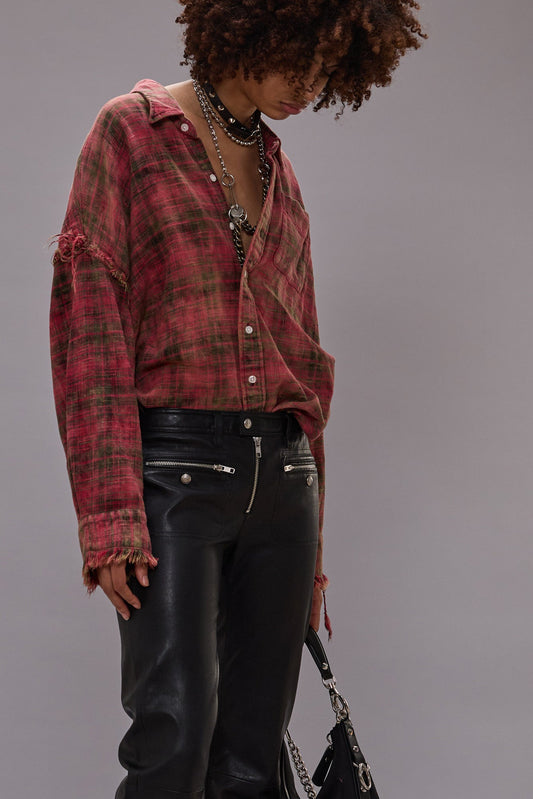 SHREDDED SEAM DROP NECK SHIRT - BLEACHED OUT RED PLAID - R13