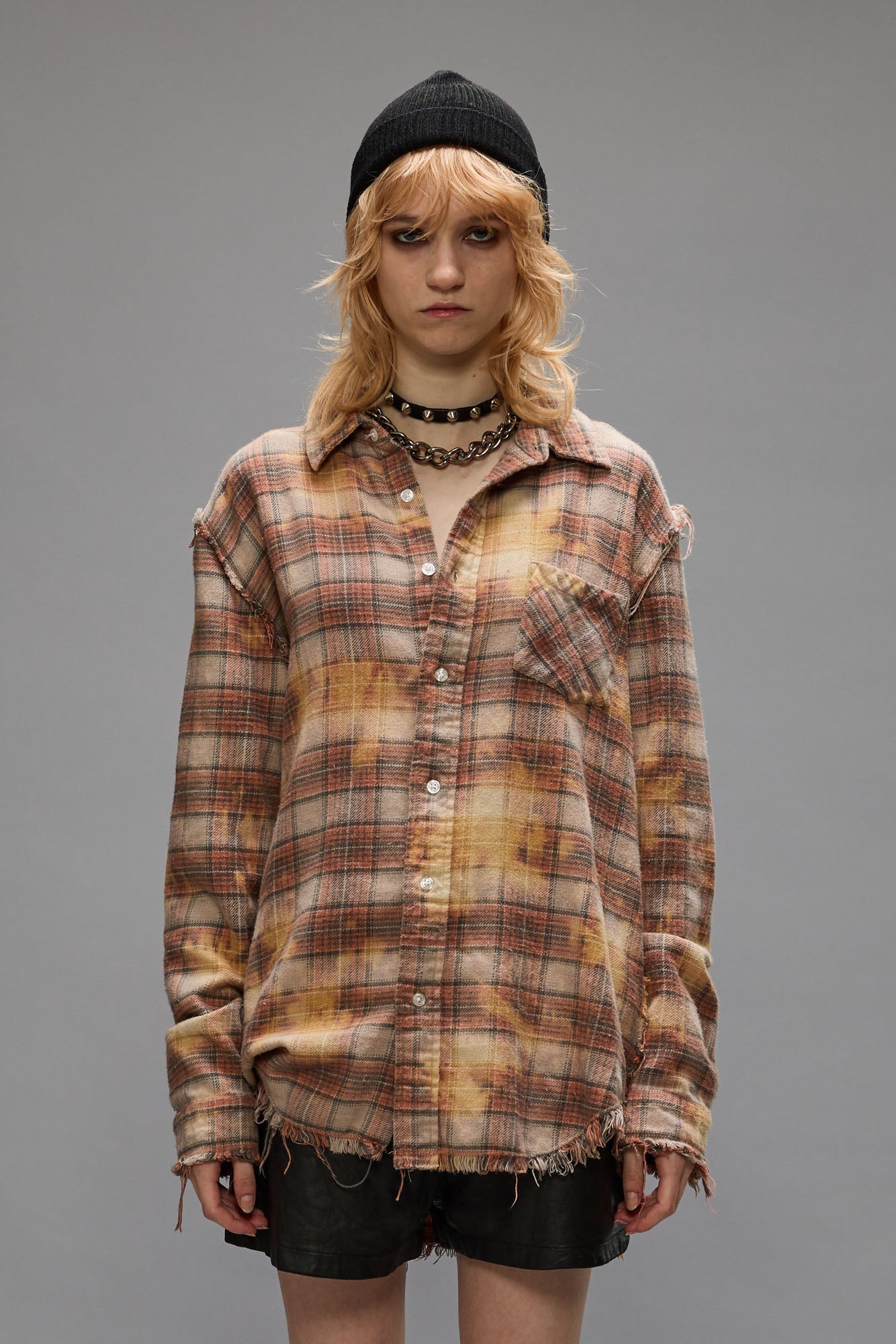 SHREDDED SEAM SHIRT - BLEACHED ORANGE PLAID - R13