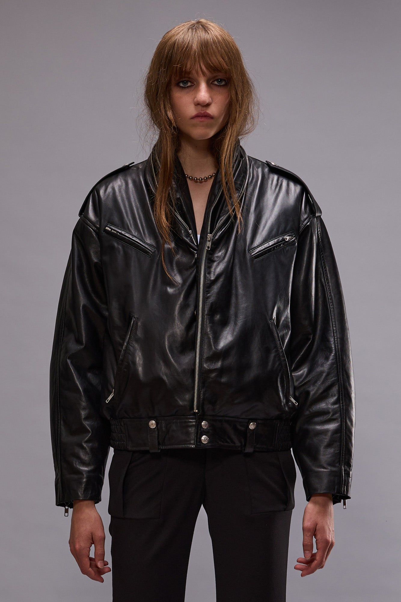 ZIP COLLAR MOTORCYCLE JACKET - BLACK - R13