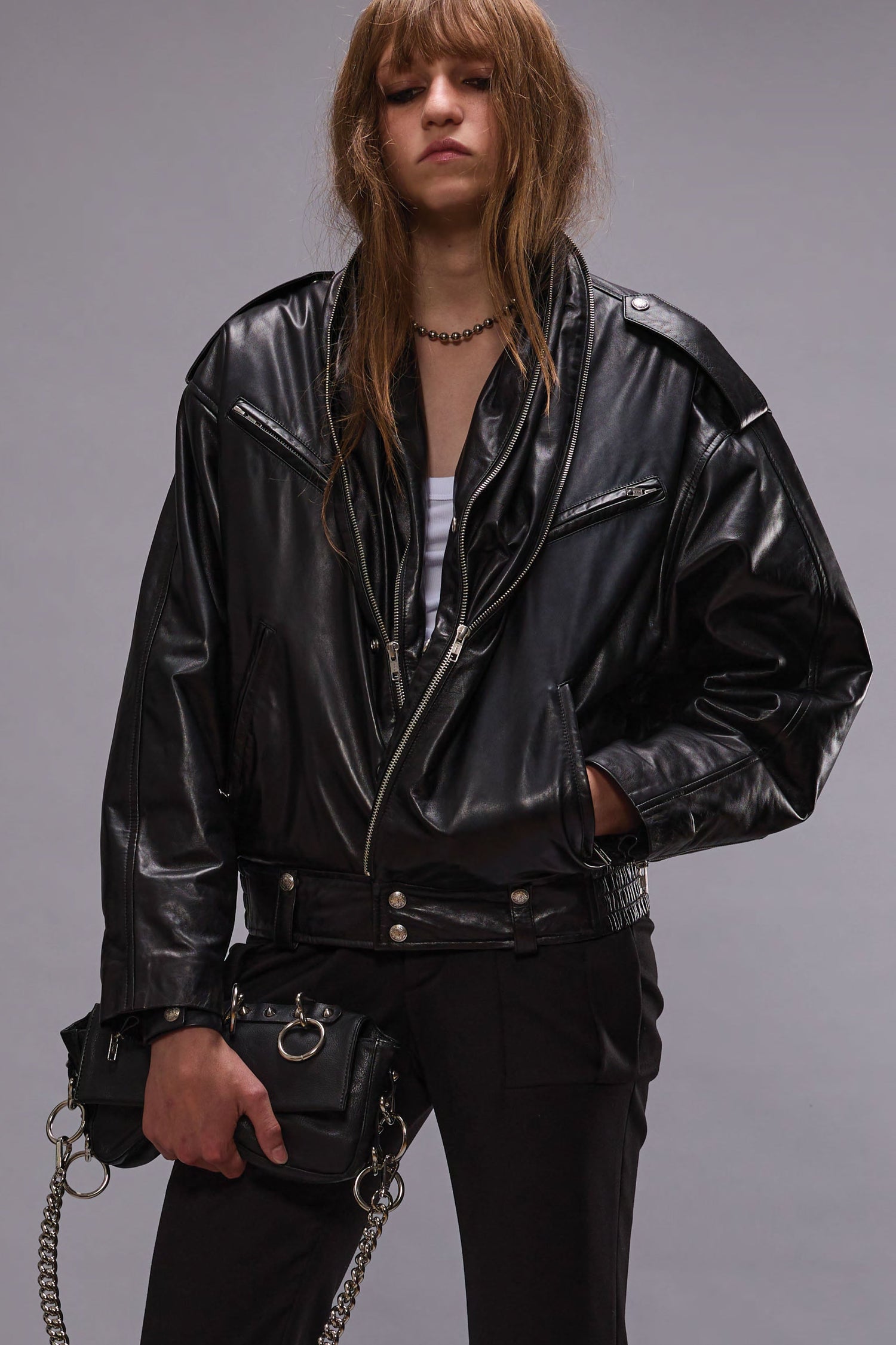 ZIP COLLAR MOTORCYCLE JACKET - BLACK - R13