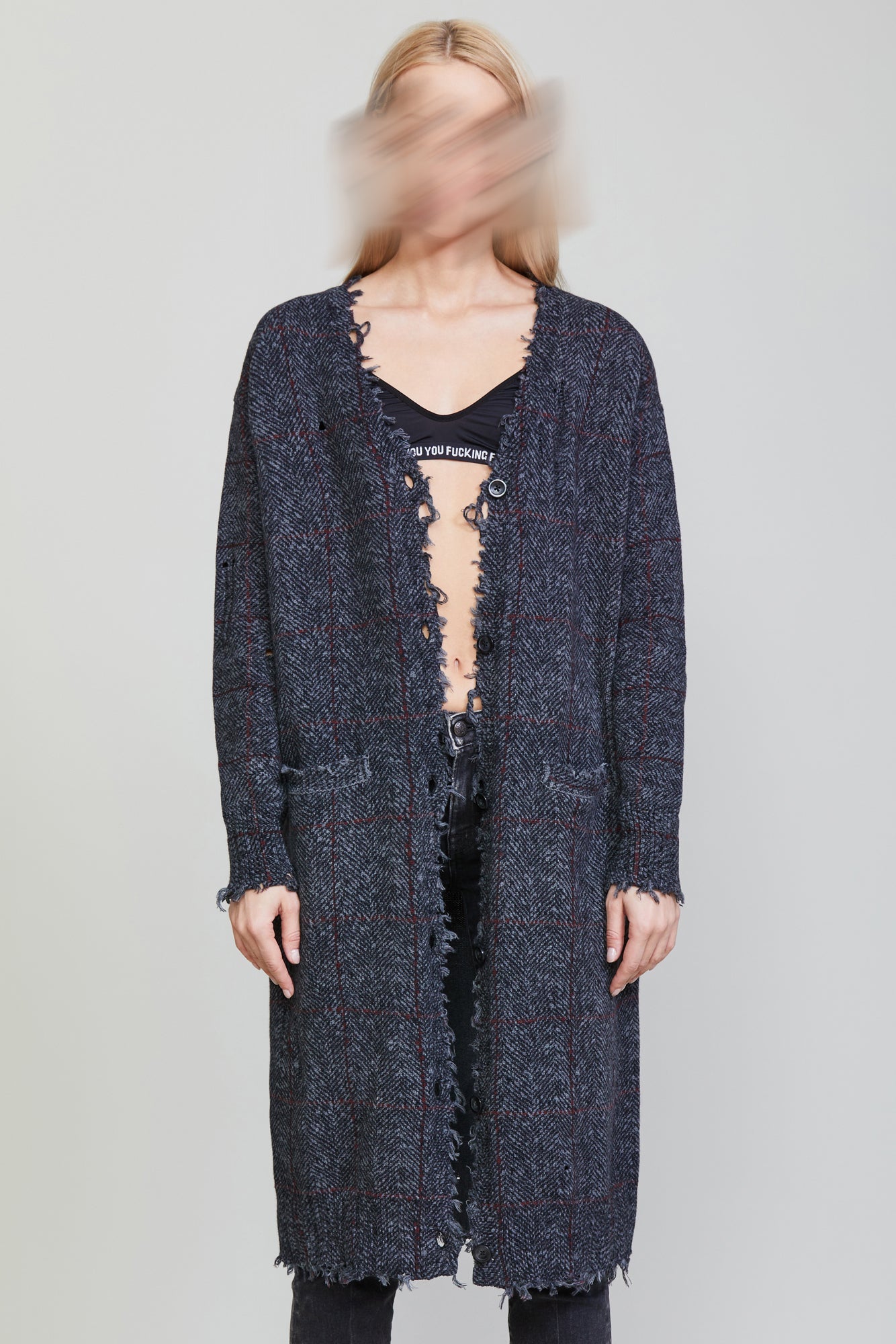 DISTRESSED LONG CARDIGAN CHARCOAL TWEED R13