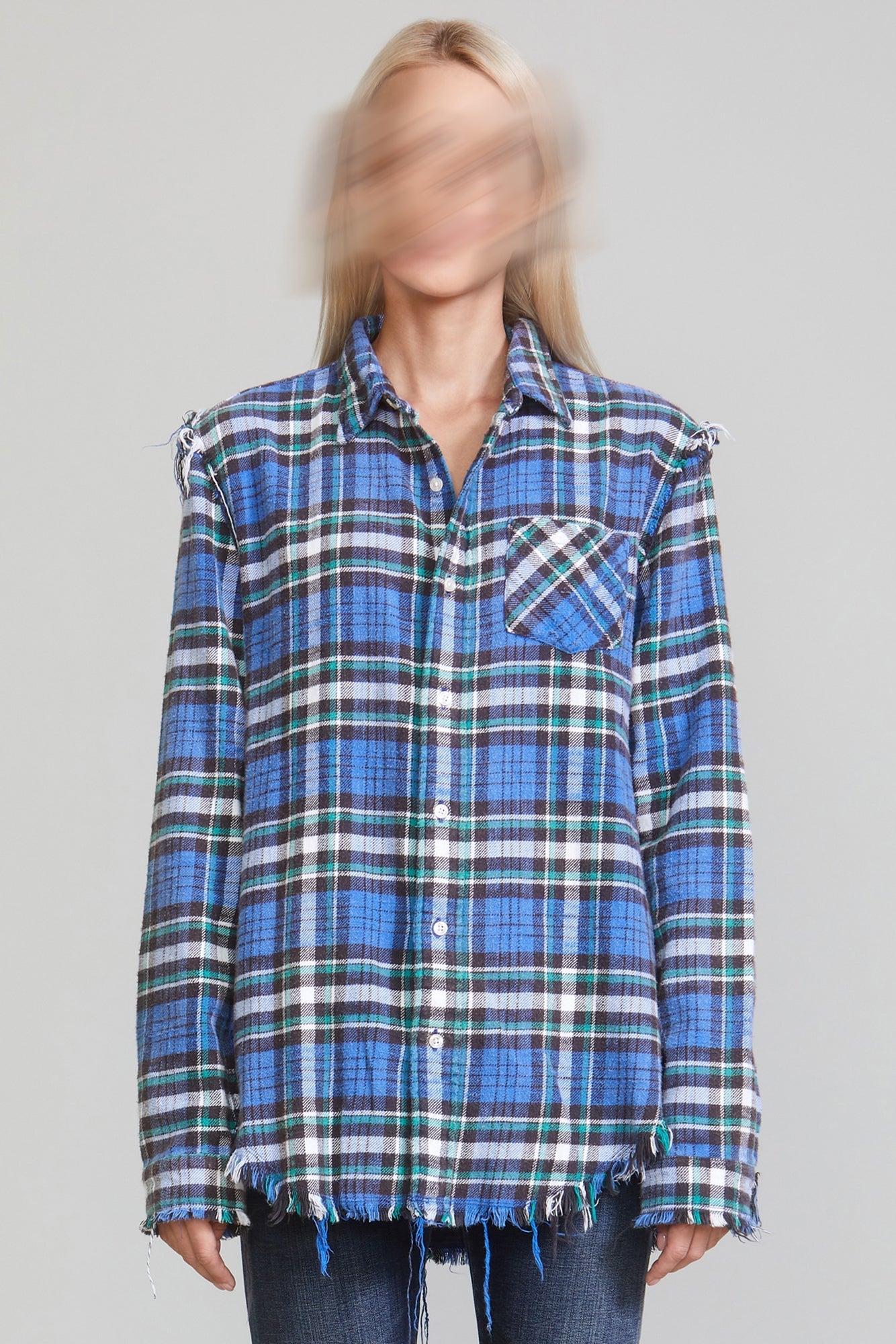 SHREDDED SEAM SHIRT BLUE GREEN PLAID R13