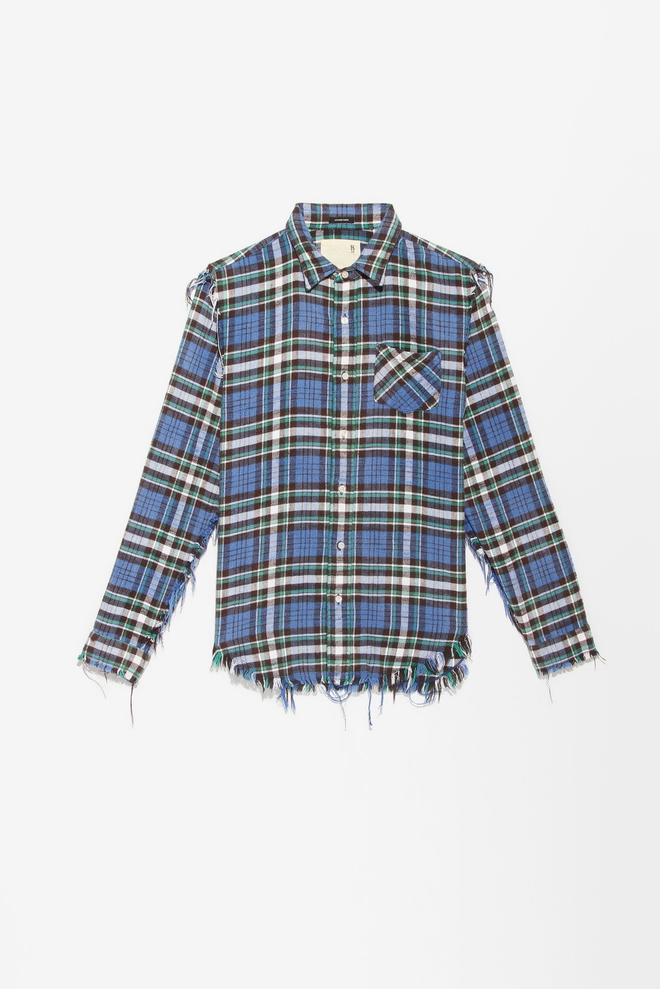 SHREDDED SEAM SHIRT BLUE GREEN PLAID R13