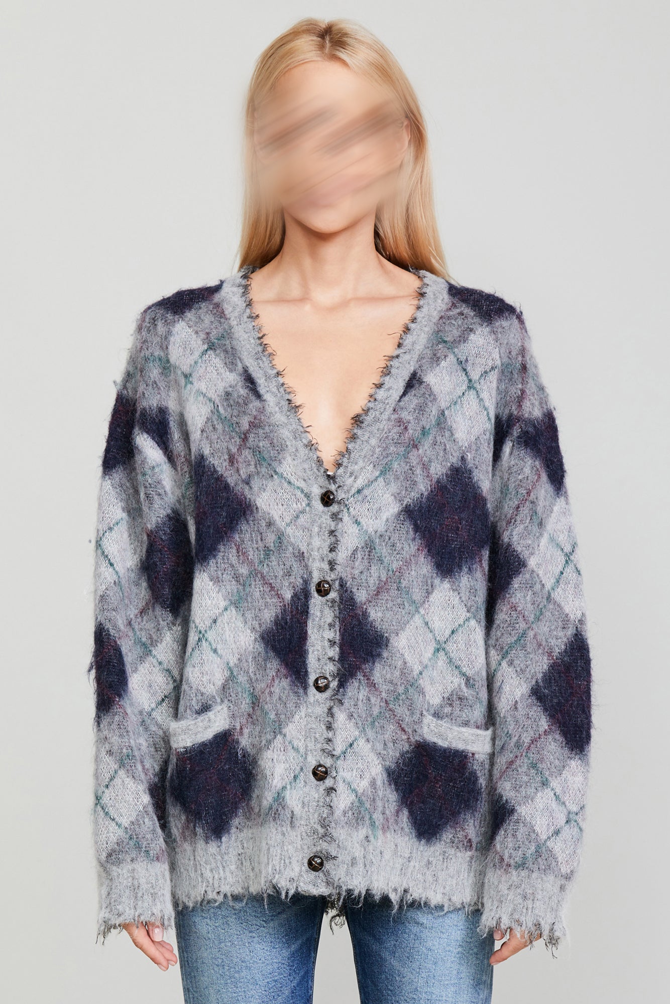 OVERSIZED DISTRESSED EDGE CARDIGAN GREY GREEN ARGYLE R13