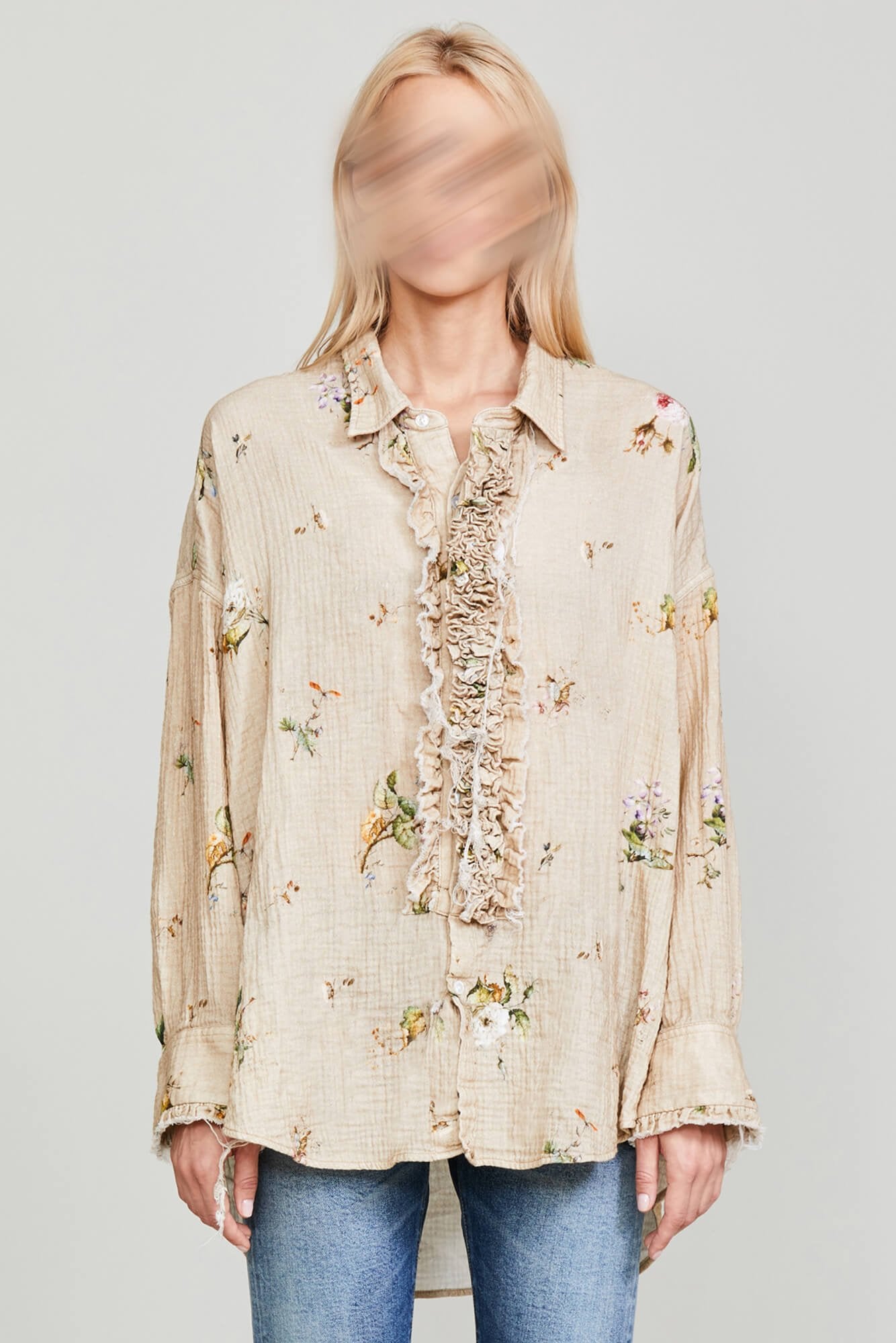 DROP NECK TUXEDO SHIRT FLORAL ON KHAKI R13