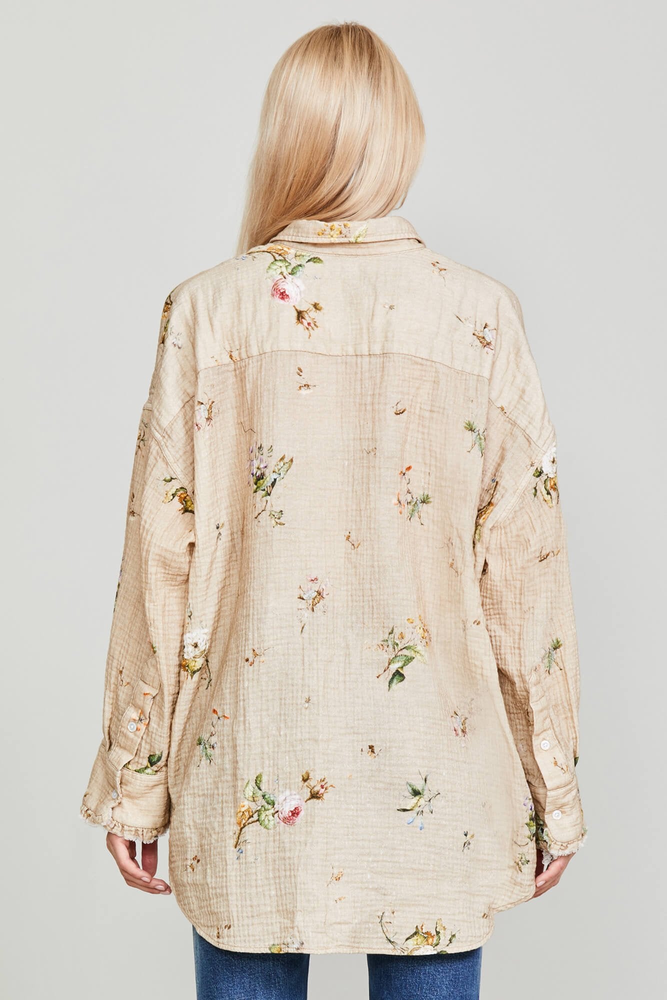 DROP NECK TUXEDO SHIRT FLORAL ON KHAKI R13