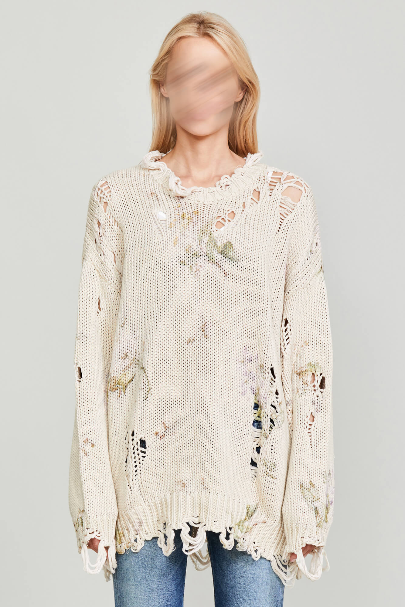DISTRESSED OVERSIZED SWEATER - FLORAL ON KHAKI – R13