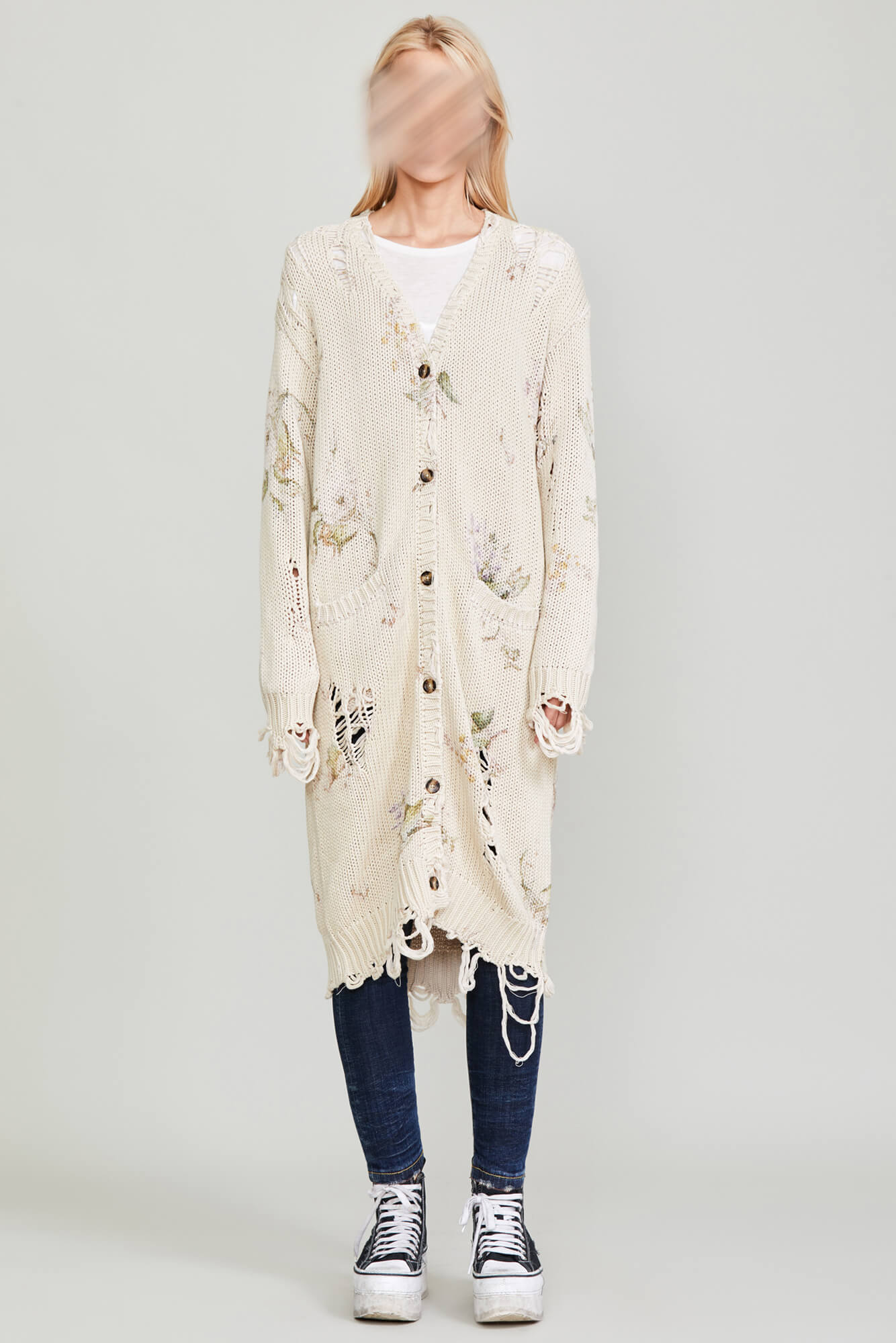 DISTRESSED LONG CARDIGAN FLORAL ON KHAKI R13