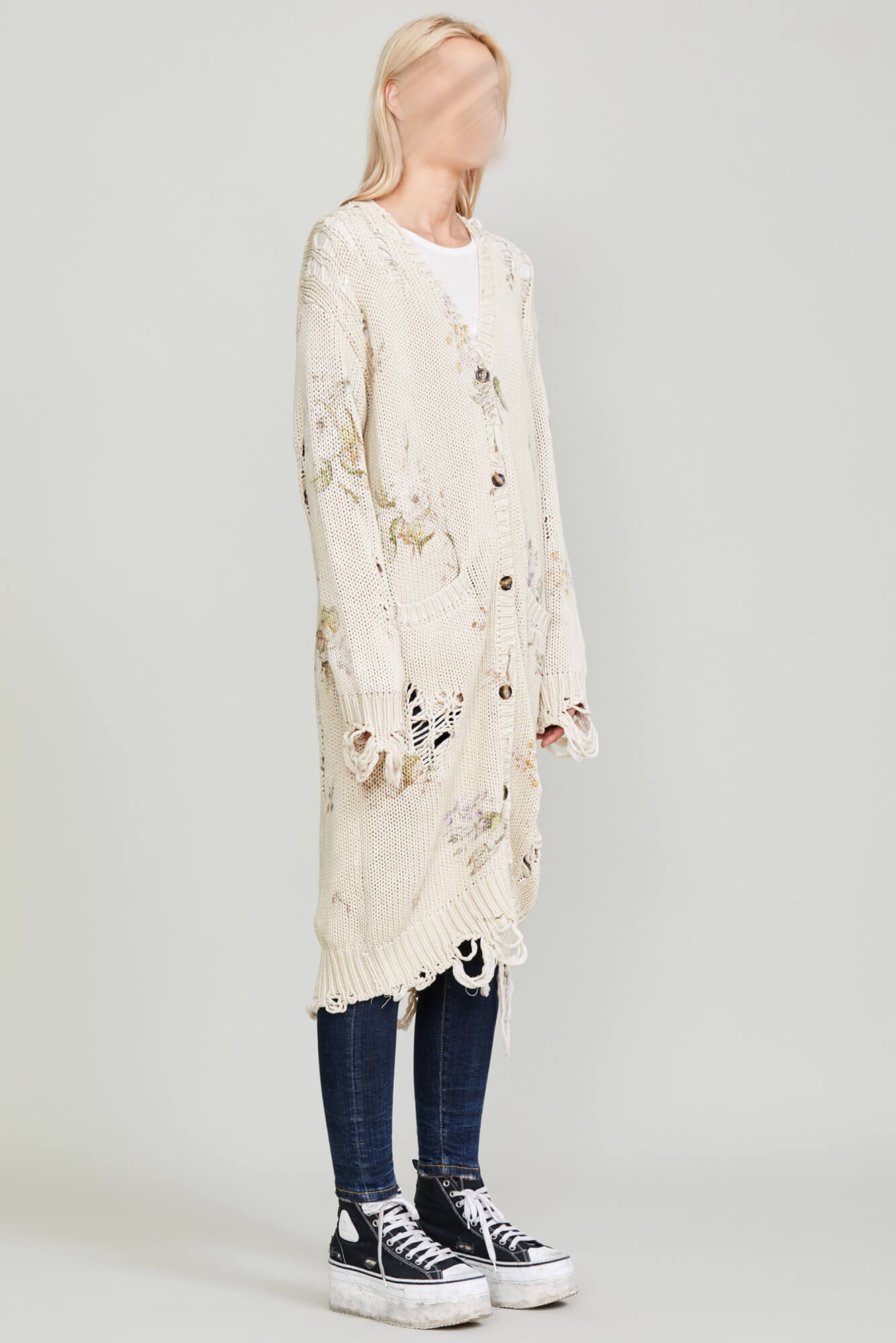 DISTRESSED LONG CARDIGAN FLORAL ON KHAKI R13