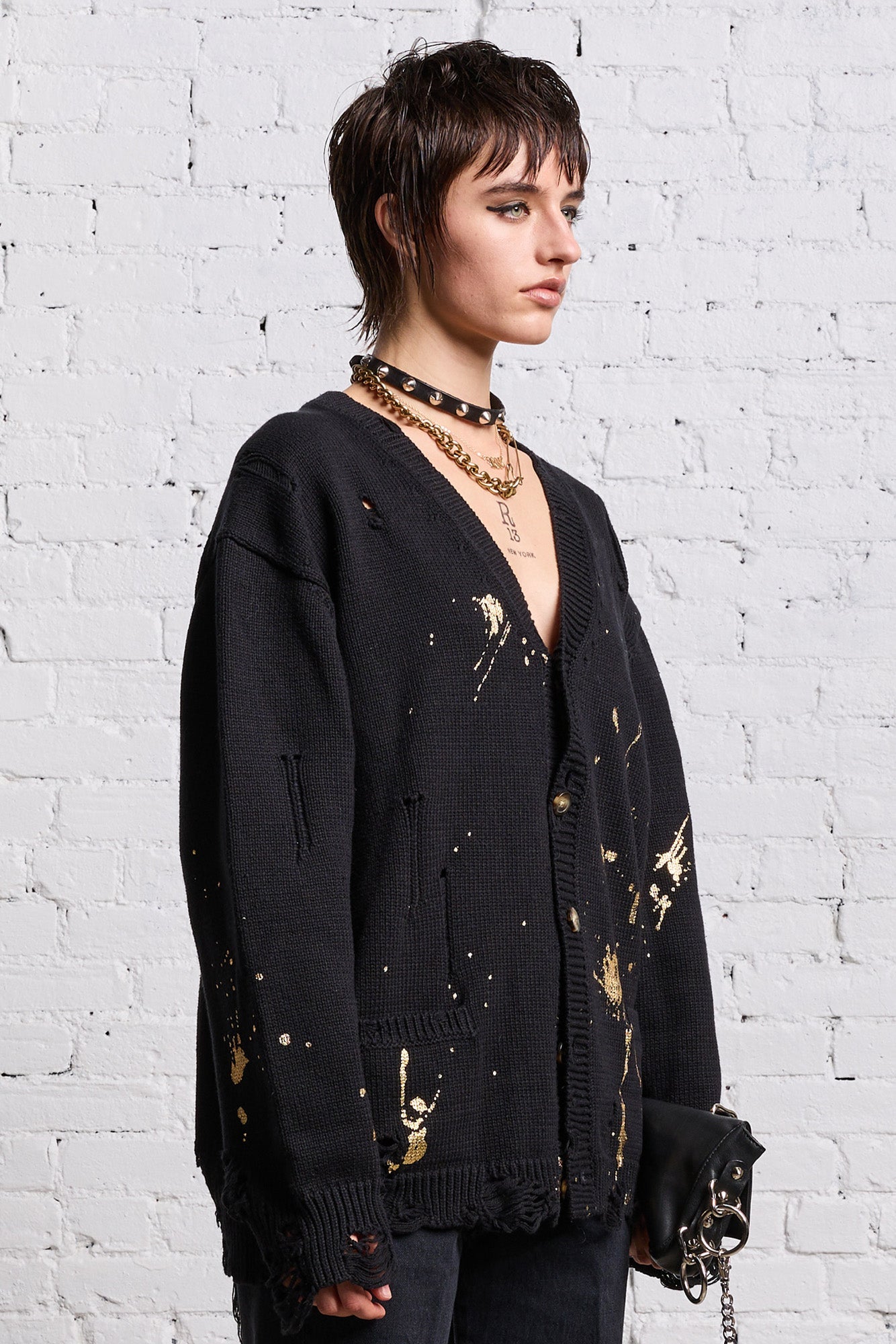 BOYFRIEND CARDIGAN GOLD SPLATTERED BLACK