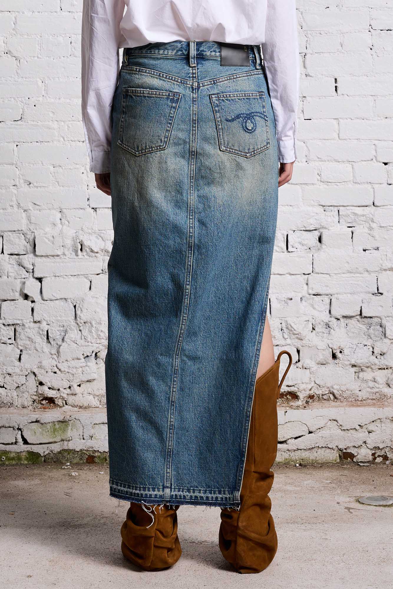 High Waisted Drop Hem Front Slit Maxi Denim Skirt