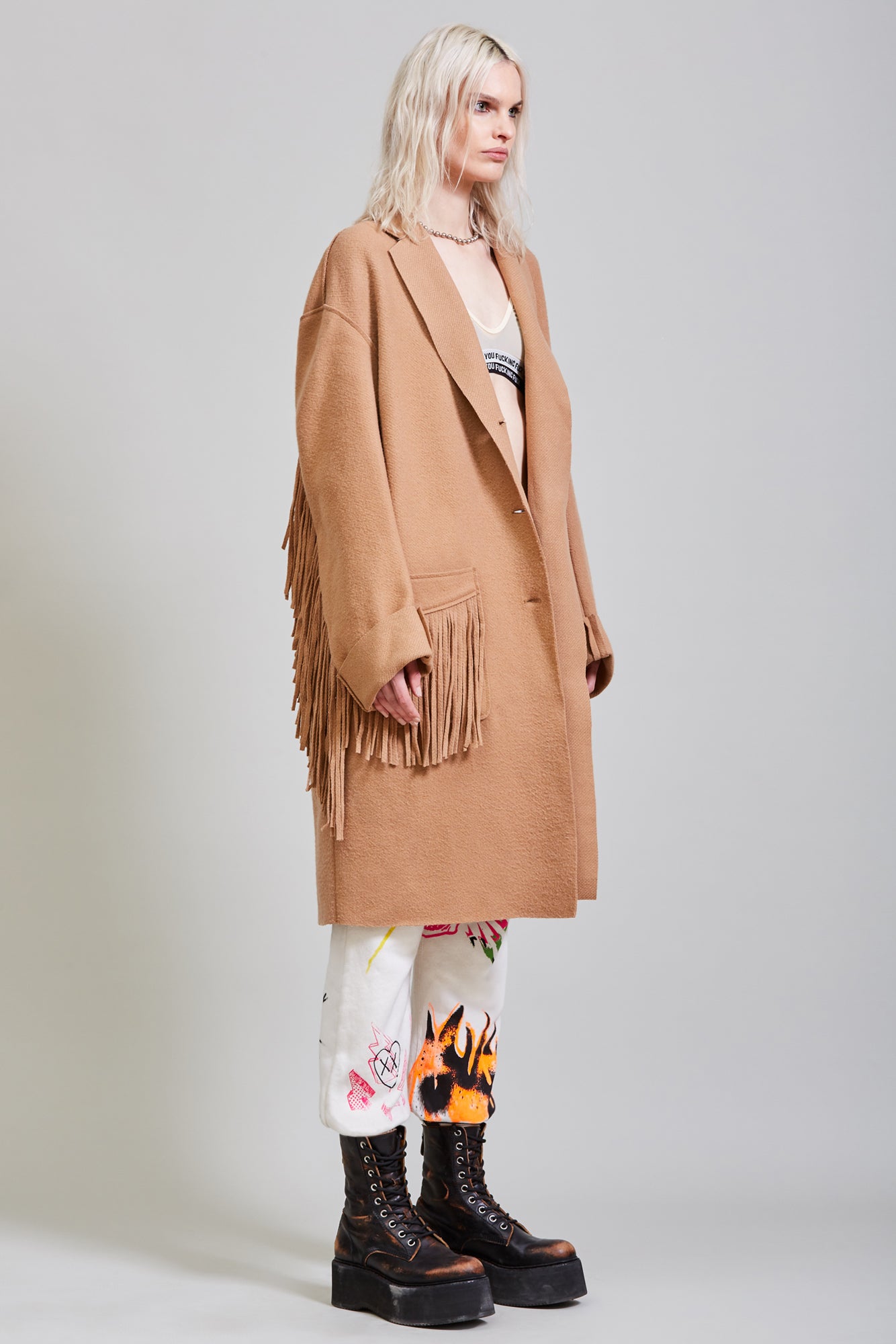 Fringe Raw Cut Coat Camel R13