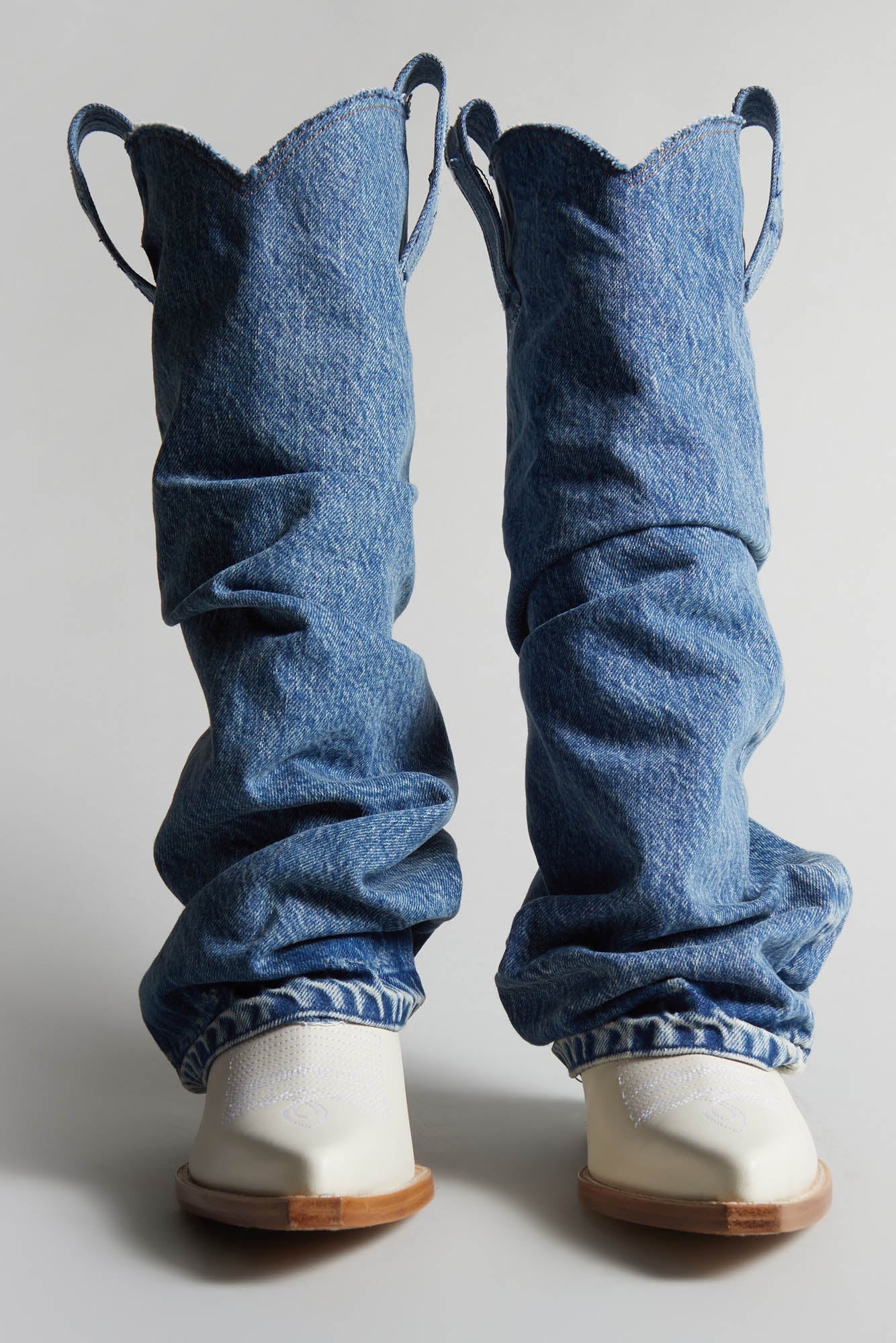 MID COWBOY BOOTS WITH DENIM SLEEVE BLUE AND WHITE