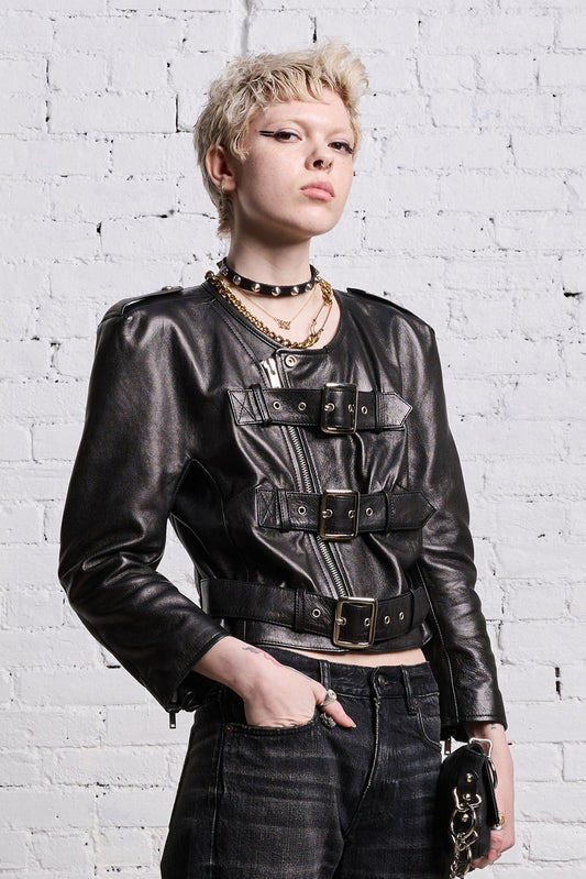 BELTED MOTORCYCLE JACKET - BLACK - R13