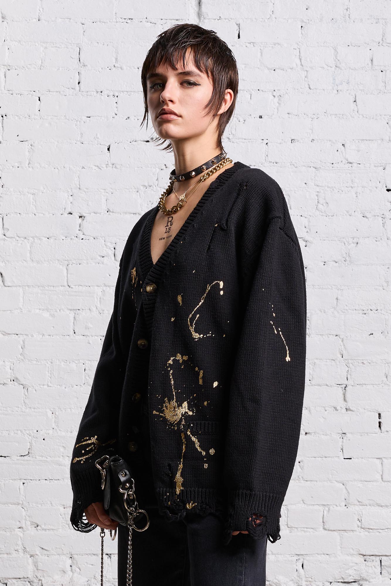 BOYFRIEND CARDIGAN - GOLD SPLATTERED BLACK - R13