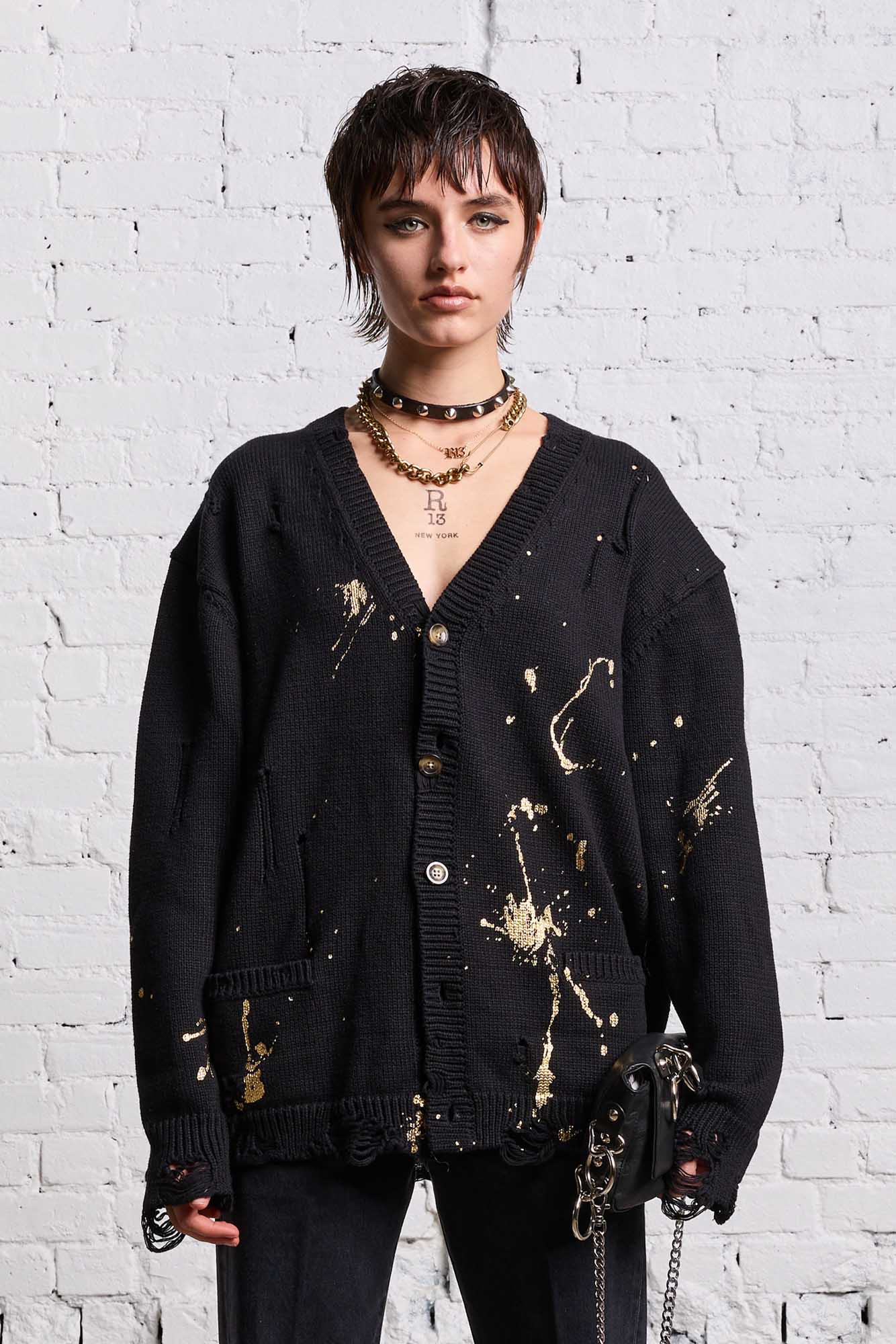 BOYFRIEND CARDIGAN - GOLD SPLATTERED BLACK - R13