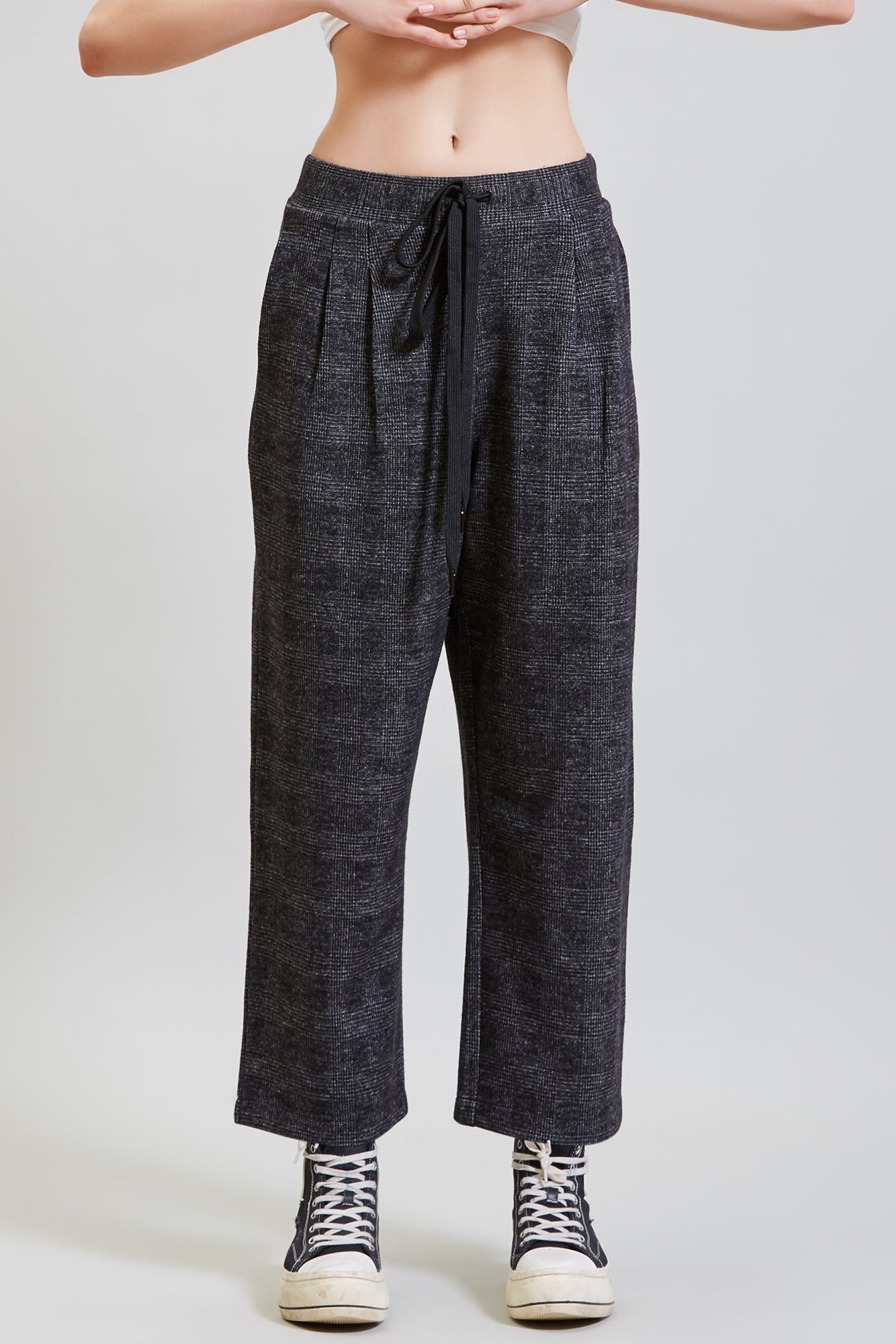 CROPPED PLEATED WIDE LEG PANT - GREY GLEN PLAID - R13