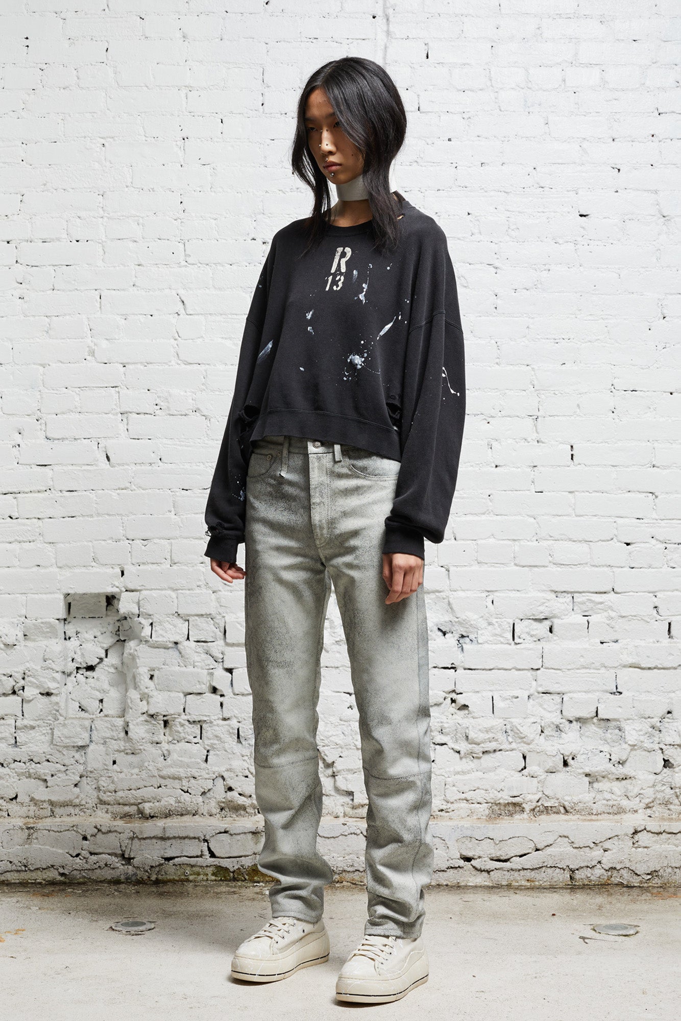 CROPPED R13 CREWNECK - ACID BLACK - R13