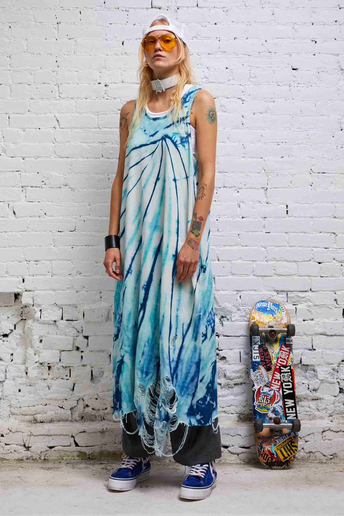 DESTROYED KNIT TANK DRESS - BLUE TIE-DYE - R13