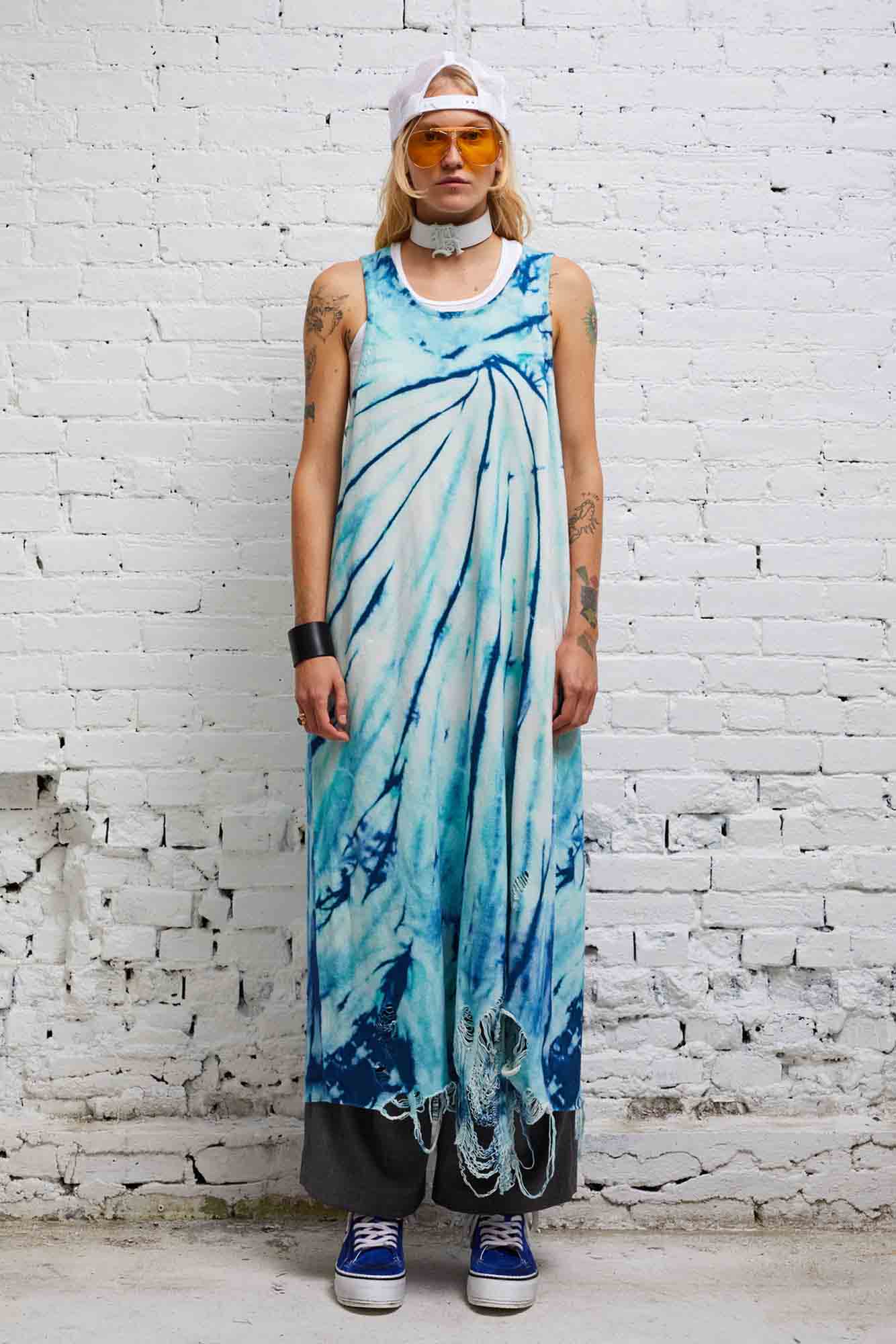 DESTROYED KNIT TANK DRESS - BLUE TIE-DYE - R13