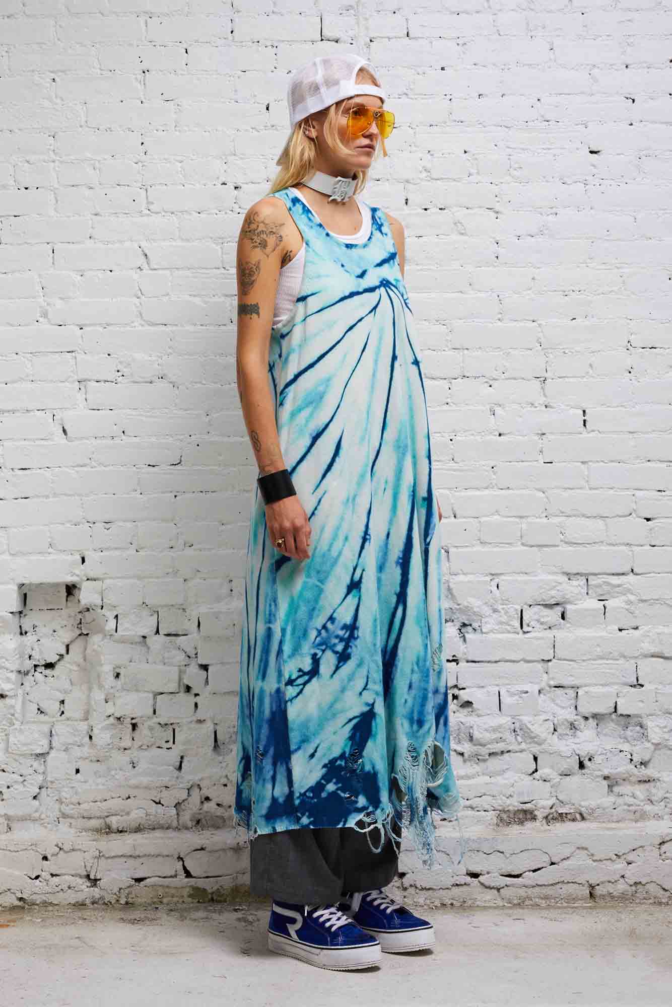 DESTROYED KNIT TANK DRESS - BLUE TIE-DYE - R13