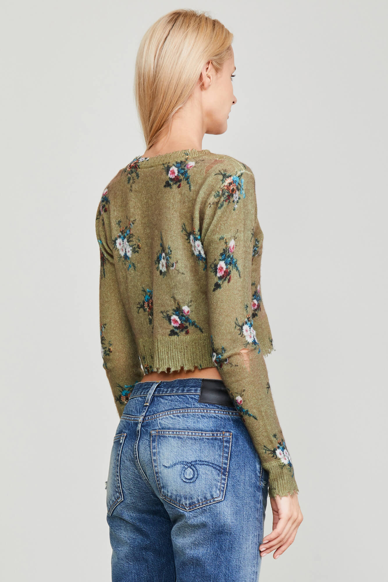 DISTRESSED CASHMERE BABY CARDIGAN - FLORAL ON OLIVE - R13