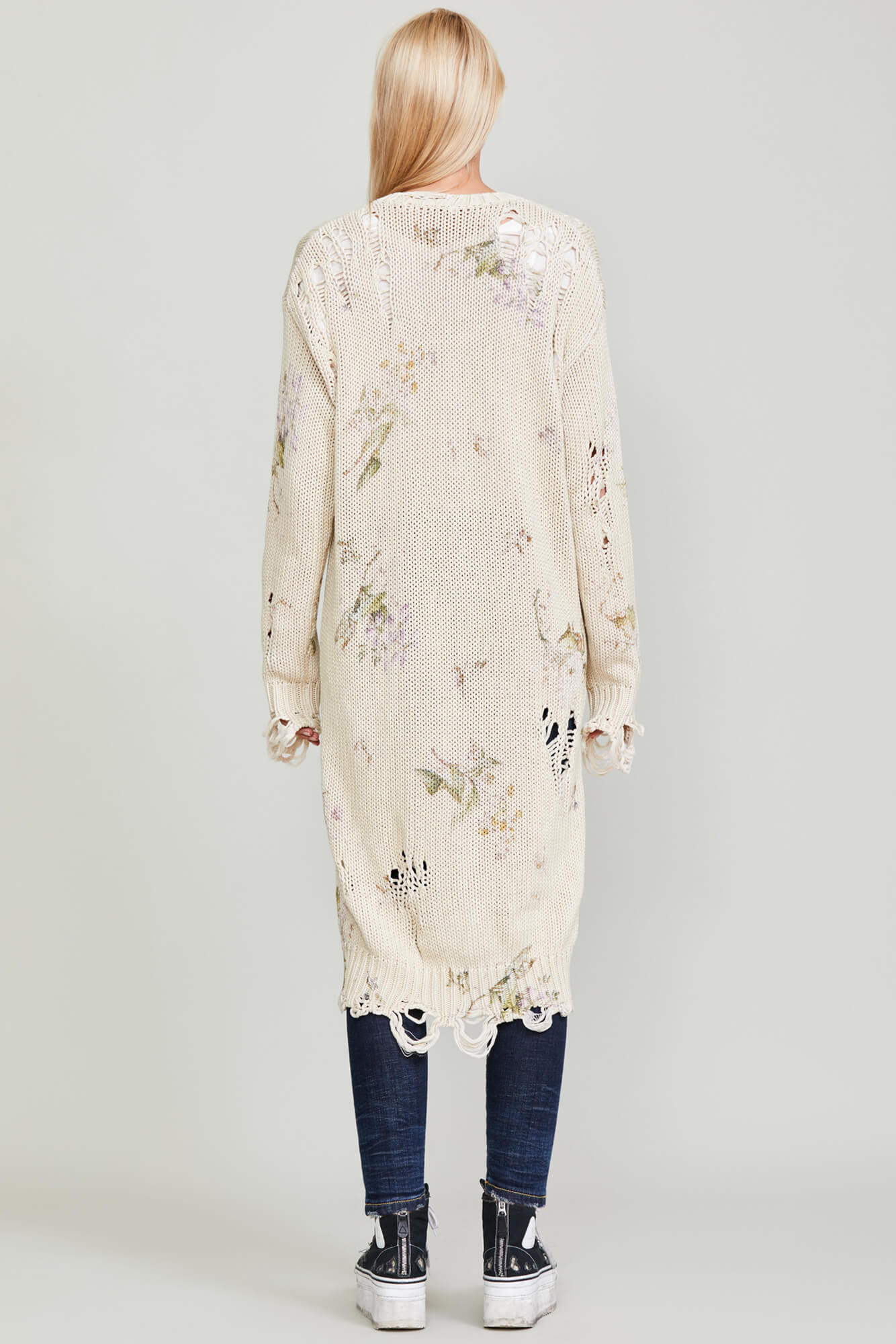 DISTRESSED LONG CARDIGAN - FLORAL ON KHAKI - R13