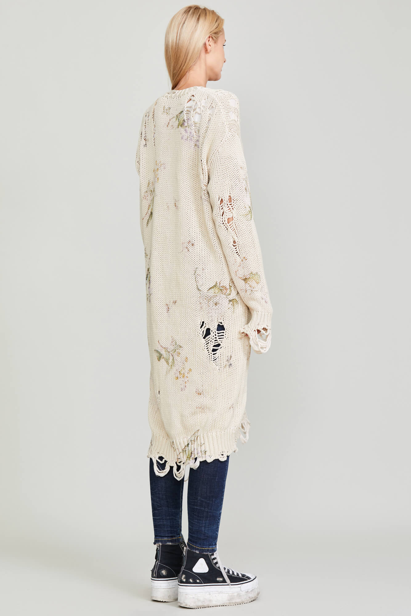 DISTRESSED LONG CARDIGAN - FLORAL ON KHAKI - R13