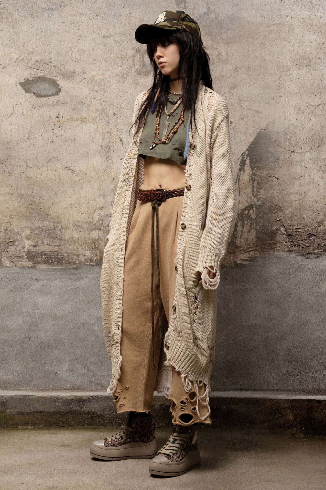 DISTRESSED LONG CARDIGAN - FLORAL ON KHAKI - R13