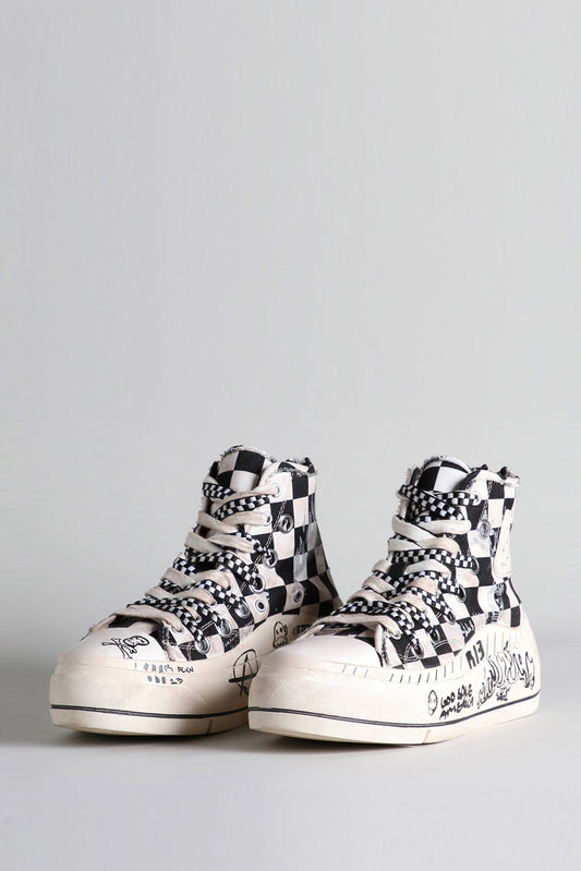 DOUBLE GROMMET KURT HIGH TOP SNEAKER - B/W CHECKER W/ GRAFFITI - R13