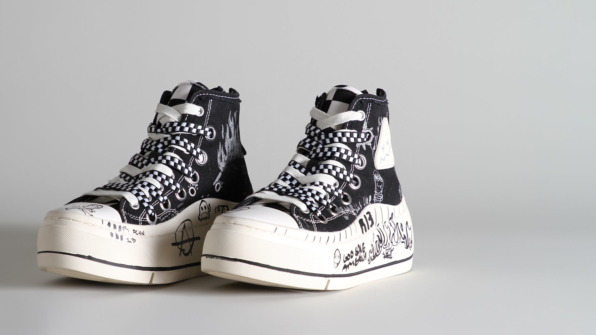 DOUBLE GROMMET KURT HIGH TOP SNEAKER - BLACK GRAFFITI CHECKER - R13