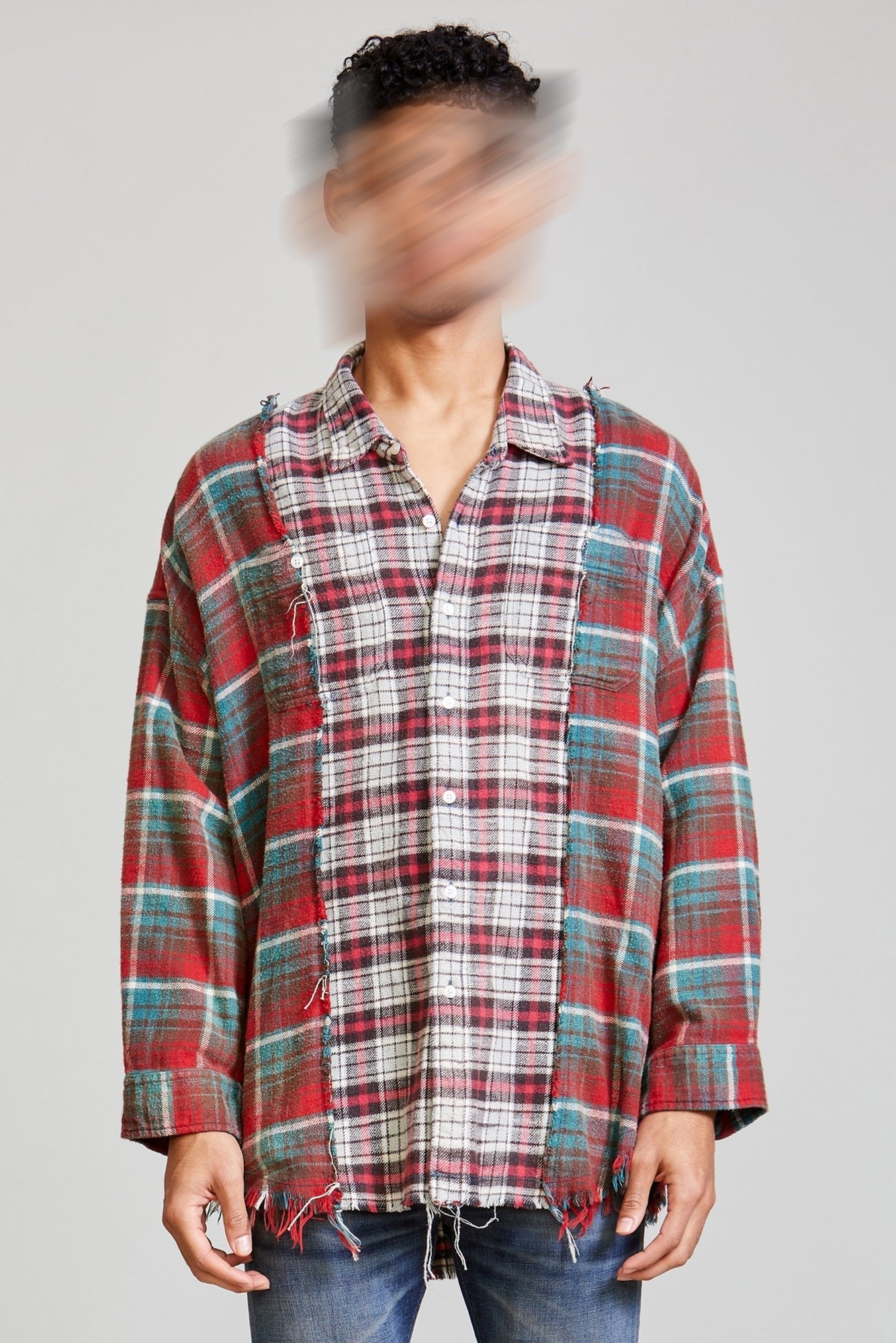 DROP NECK COMBO WORK SHIRT - BLUE AND RED PLAID - R13